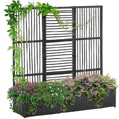 Outsunny Rattan Outdoor Planter with Lattice Trellis for Climbing Plants, Free Standing Wicker Raised Planter Box with Storage for Garden, Patio, Balcony, Porch, Black