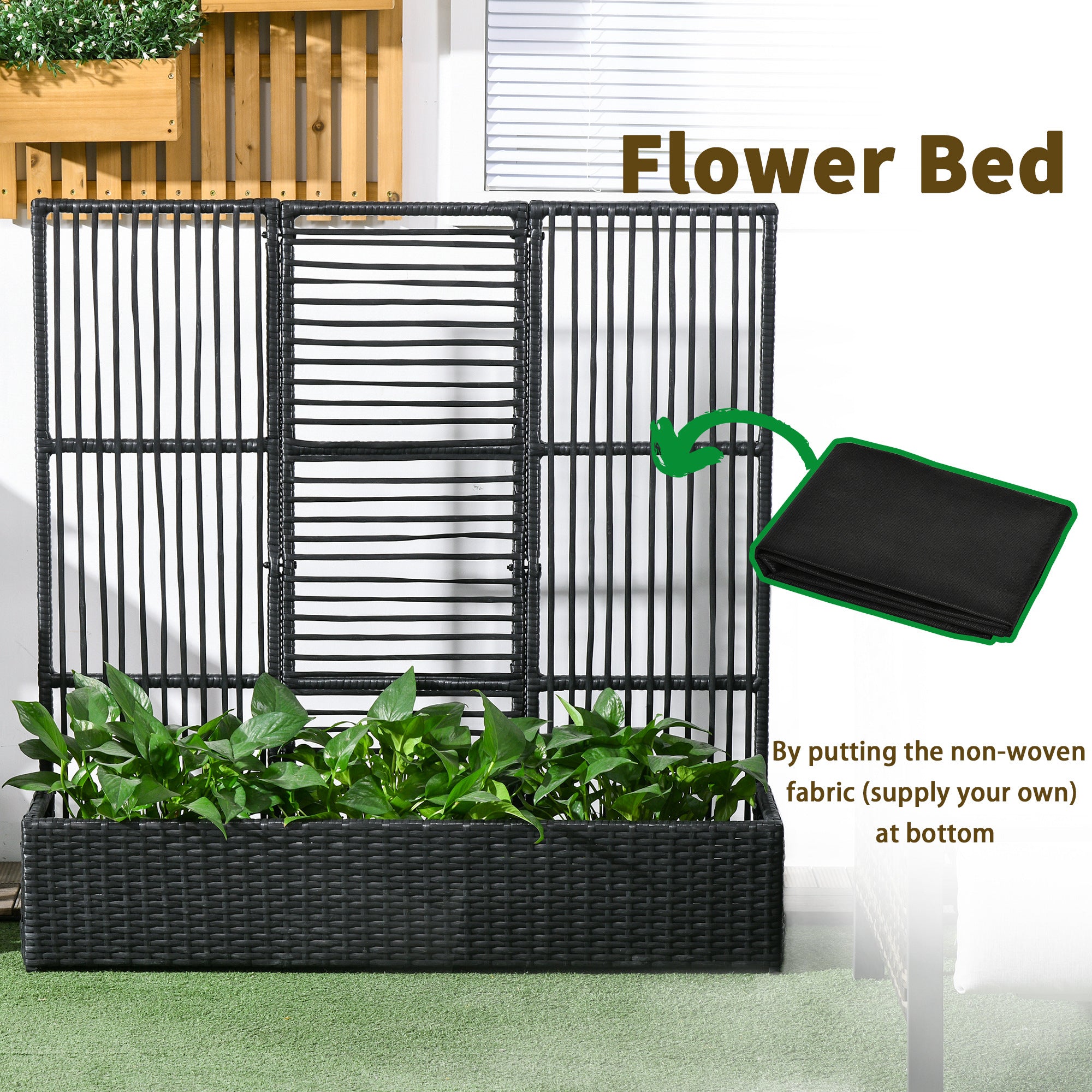 Outsunny Rattan Outdoor Planter with Lattice Trellis for Climbing Plants, Free Standing Wicker Raised Planter Box with Storage for Garden, Patio, Balcony, Porch, Black