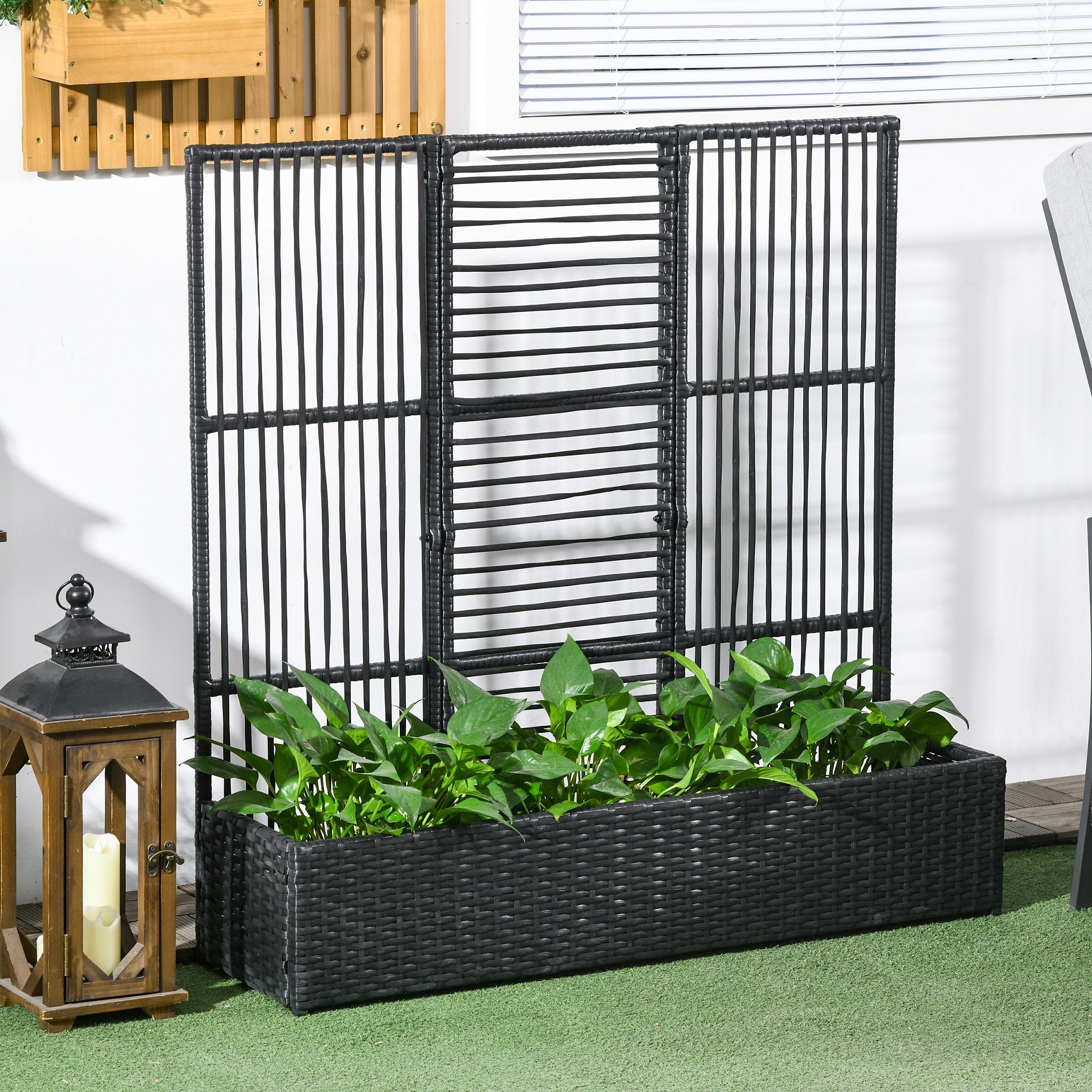 Outsunny Rattan Outdoor Planter with Lattice Trellis for Climbing Plants, Free Standing Wicker Raised Planter Box with Storage for Garden, Patio, Balcony, Porch, Black