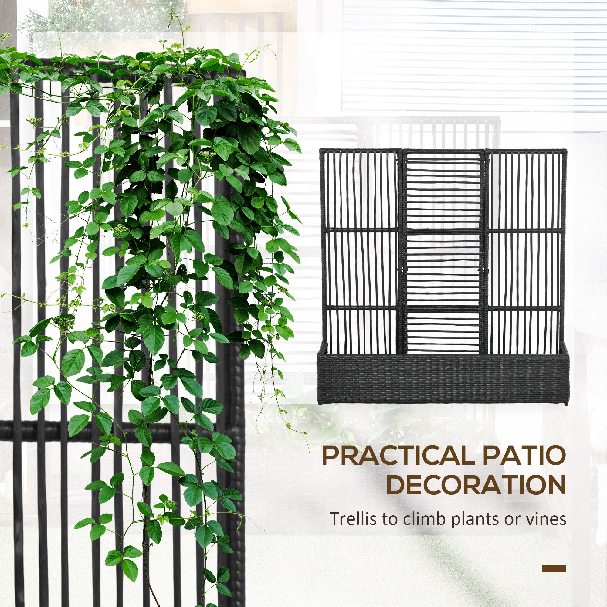 Outsunny Rattan Outdoor Planter with Lattice Trellis for Climbing Plants, Free Standing Wicker Raised Planter Box with Storage for Garden, Patio, Balcony, Porch, Black