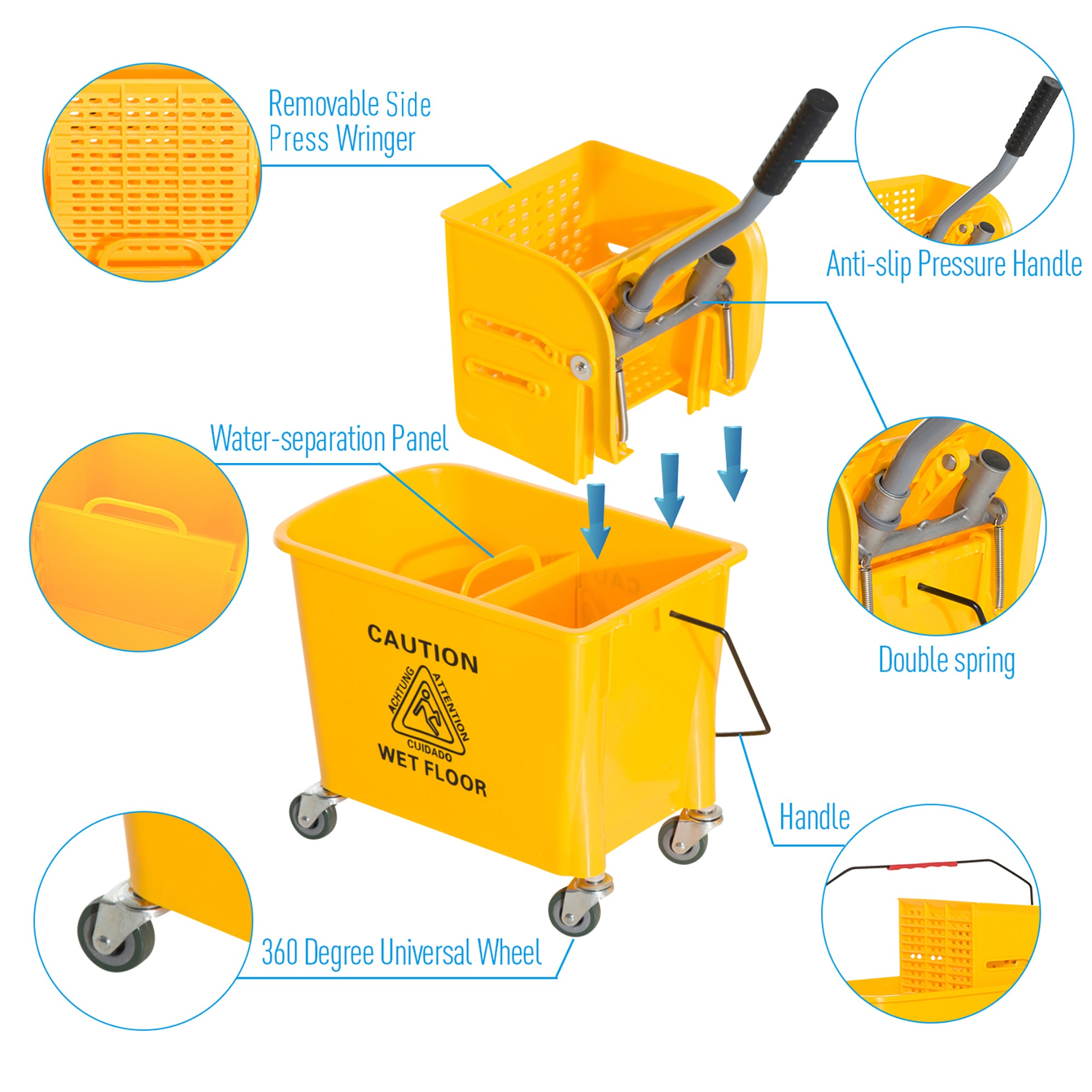 HOMCOM Mop Bucket with Wringer on Wheels for Floor Cleaning, 5 Gallon, Separate Dirty and Clean Water, Yellow