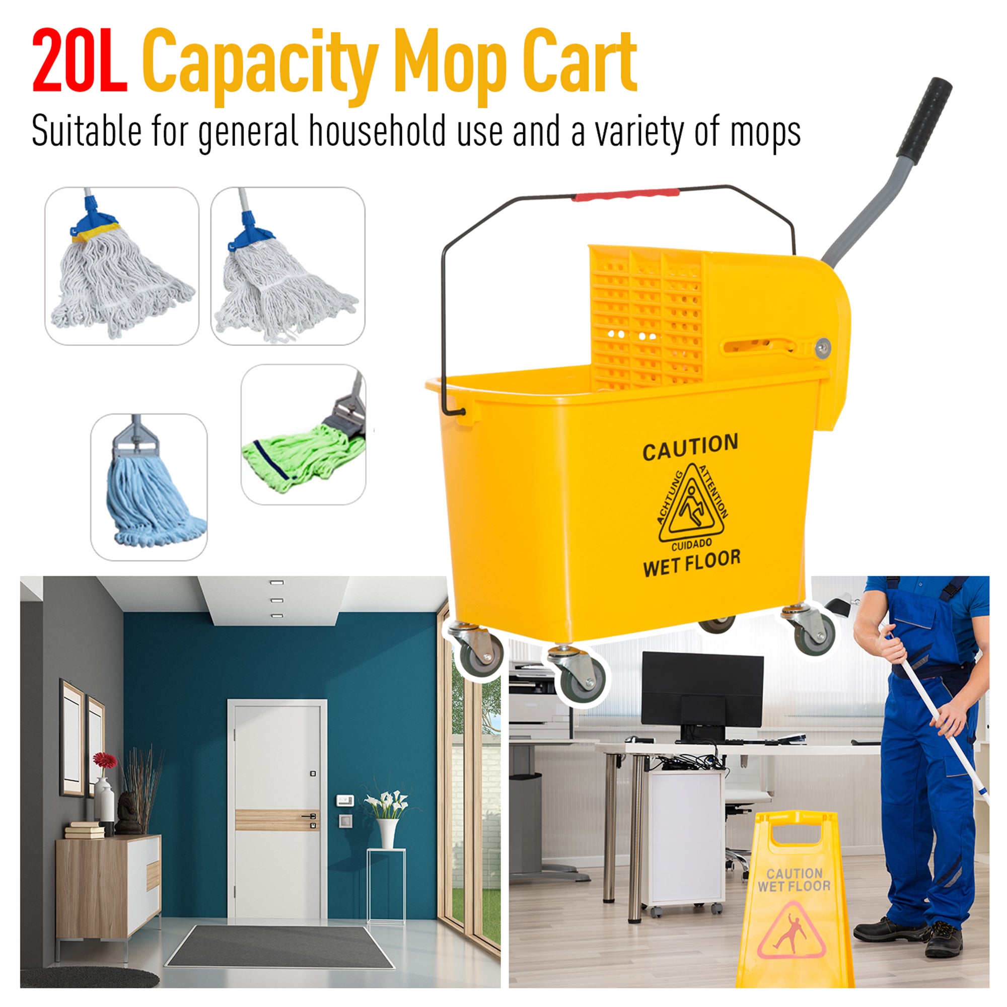 HOMCOM Mop Bucket with Wringer on Wheels for Floor Cleaning, 5 Gallon, Separate Dirty and Clean Water, Yellow
