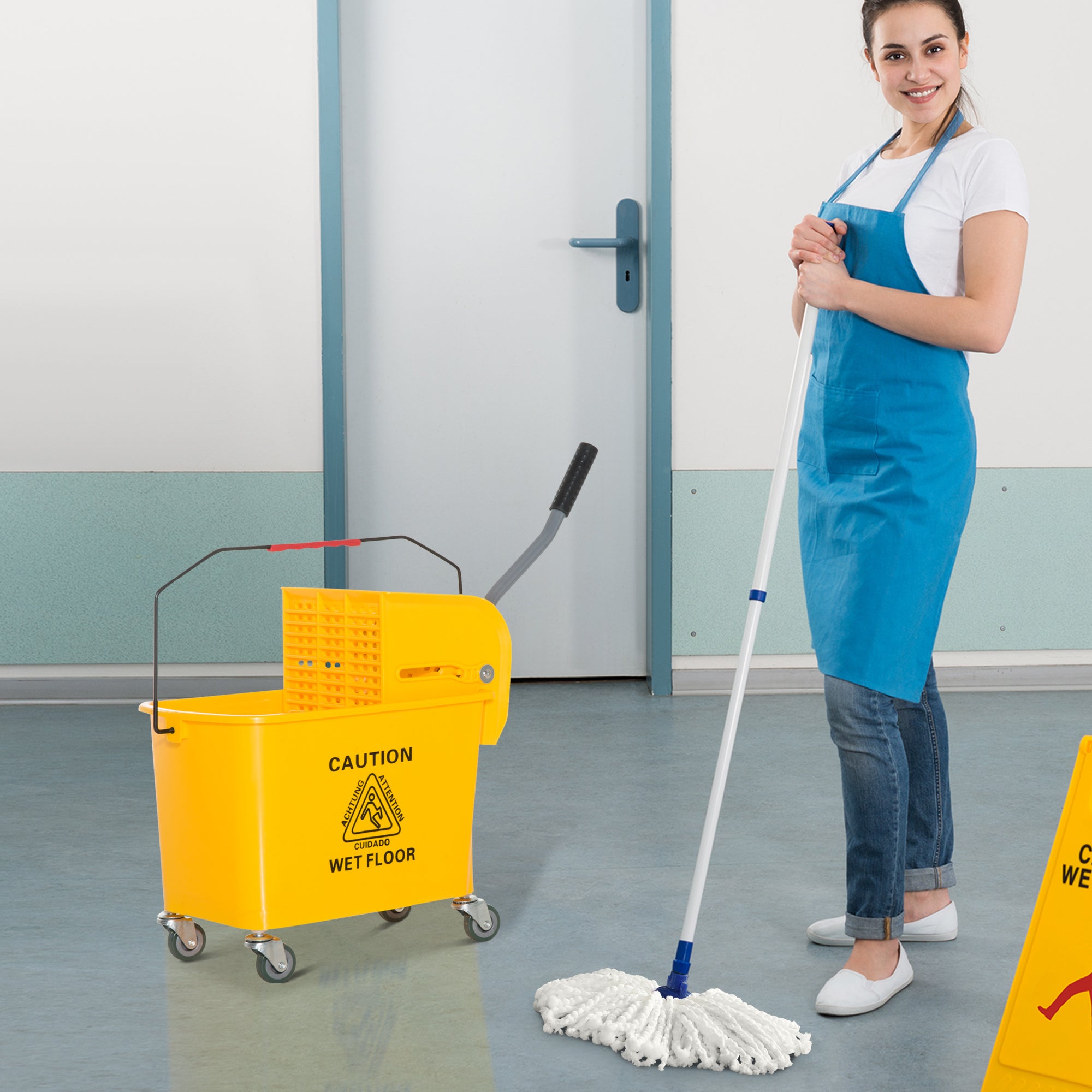 HOMCOM Mop Bucket with Wringer on Wheels for Floor Cleaning, 5 Gallon, Separate Dirty and Clean Water, Yellow
