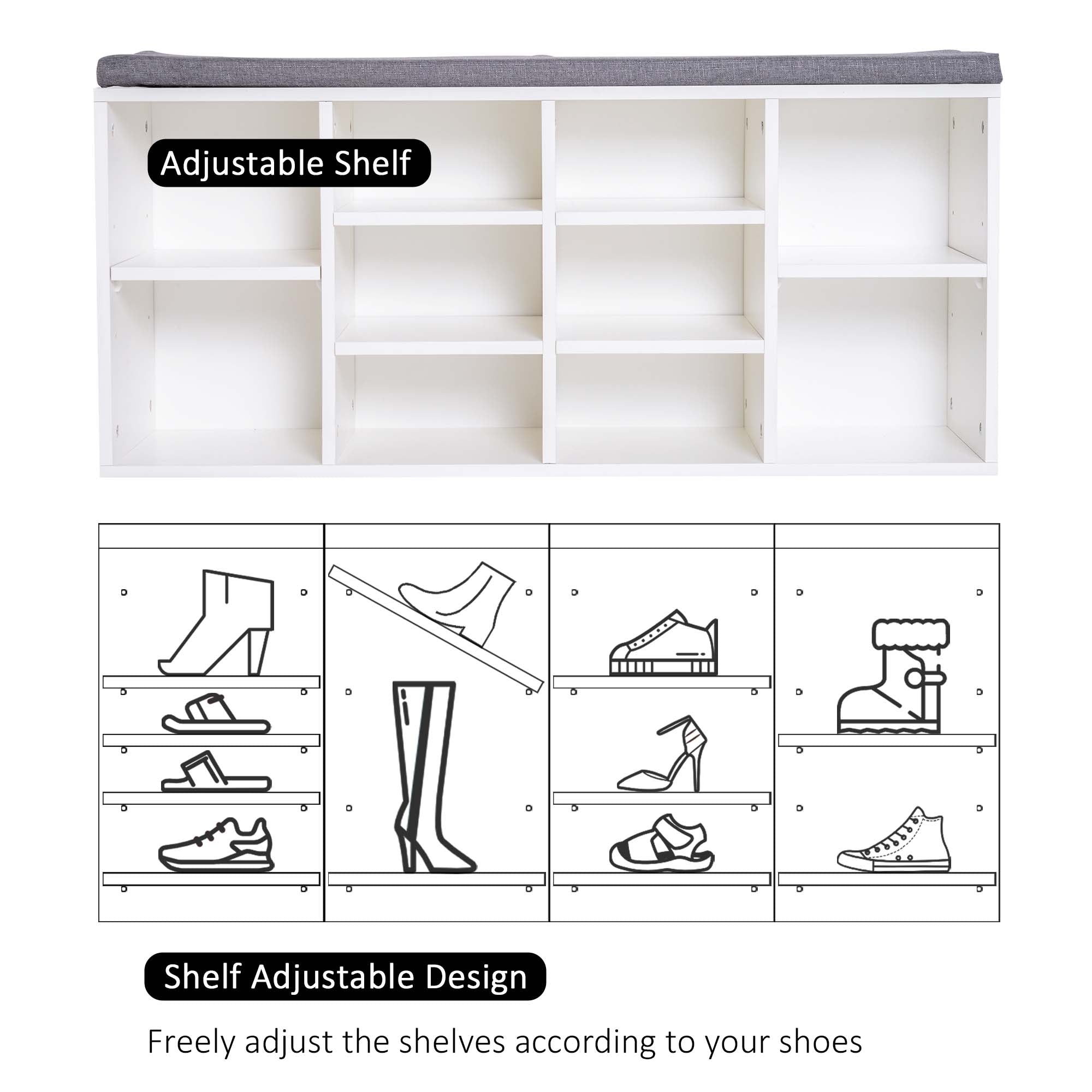 HOMCOM Shoe Bench with Storage, Upholstered Entryway Bench with Adjustable Shelves, Cushion for Living Room, Hallway, White