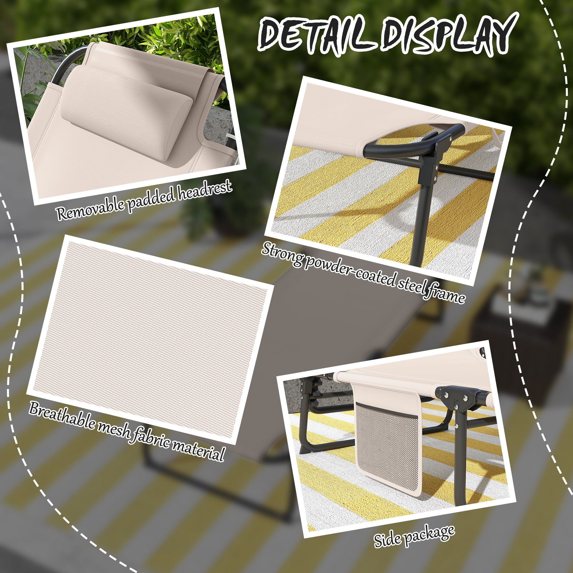 Outsunny Folding Lounge Chair with 4-level Reclining Back, Outdoor Tanning Chair with Cushion, Outdoor Lounge Chair with Breathable Mesh Fabric, Side Pocket, Headrest, Beige