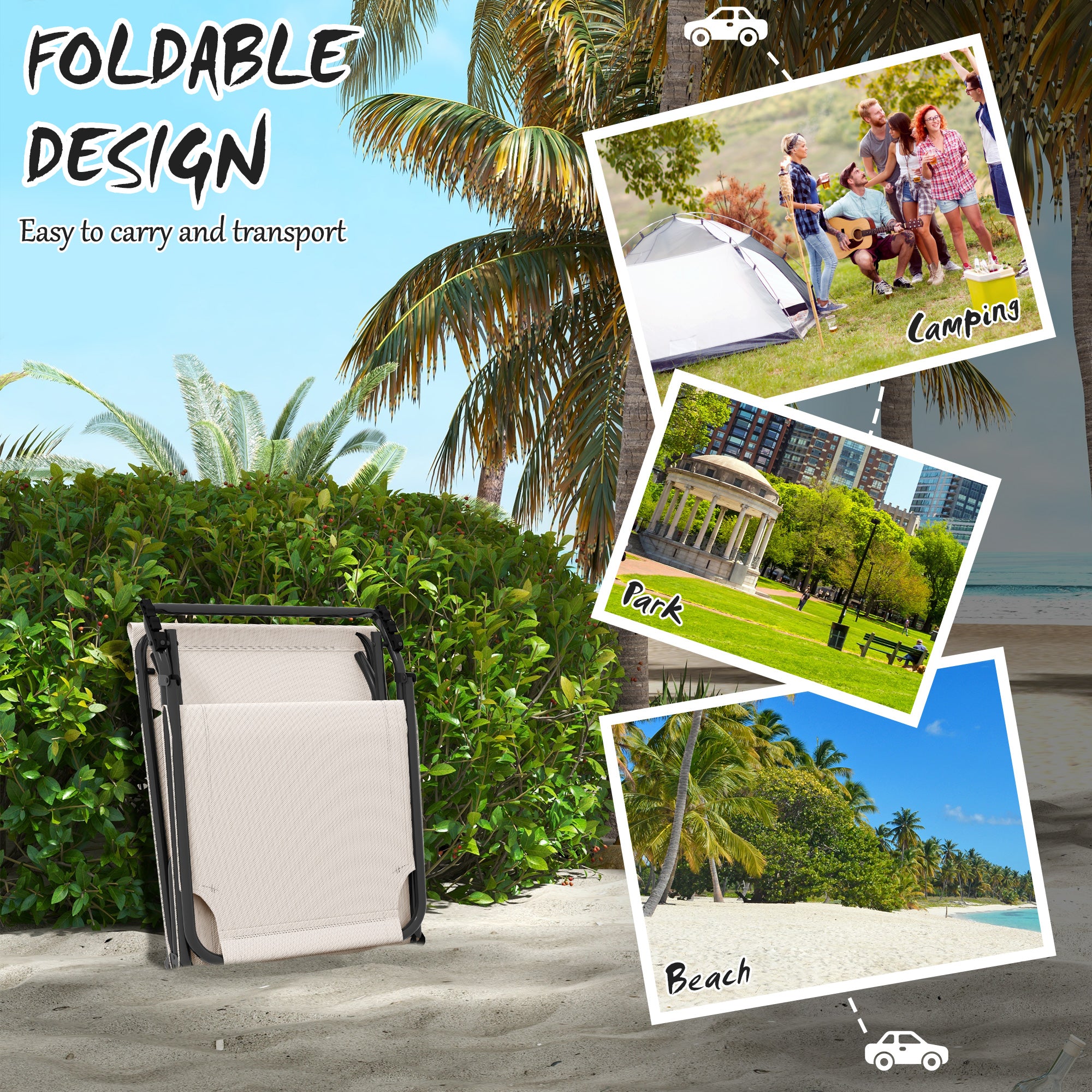 Outsunny Folding Lounge Chair with 4-level Reclining Back, Outdoor Tanning Chair with Cushion, Outdoor Lounge Chair with Breathable Mesh Fabric, Side Pocket, Headrest, Beige