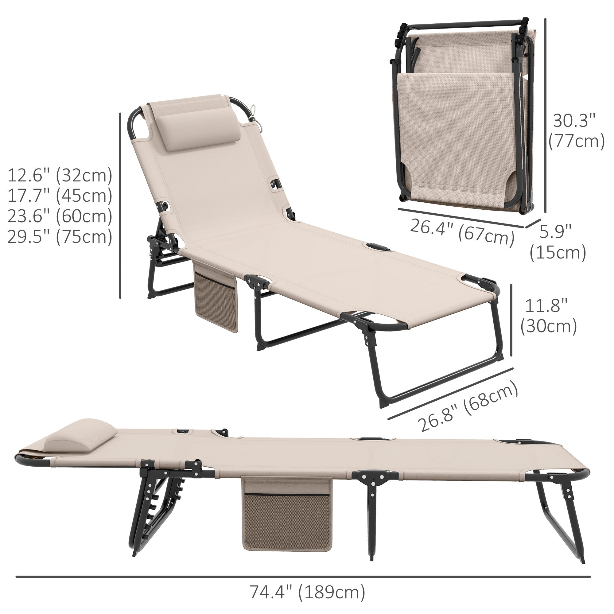 Outsunny Folding Lounge Chair with 4-level Reclining Back, Outdoor Tanning Chair with Cushion, Outdoor Lounge Chair with Breathable Mesh Fabric, Side Pocket, Headrest, Beige
