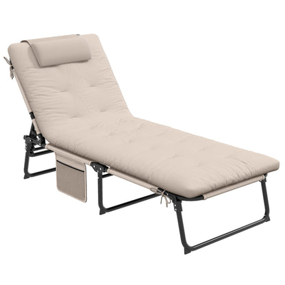 Outsunny Folding Lounge Chair with 4-level Reclining Back, Outdoor Tanning Chair with Cushion, Outdoor Lounge Chair with Breathable Mesh Fabric, Side Pocket, Headrest, Beige