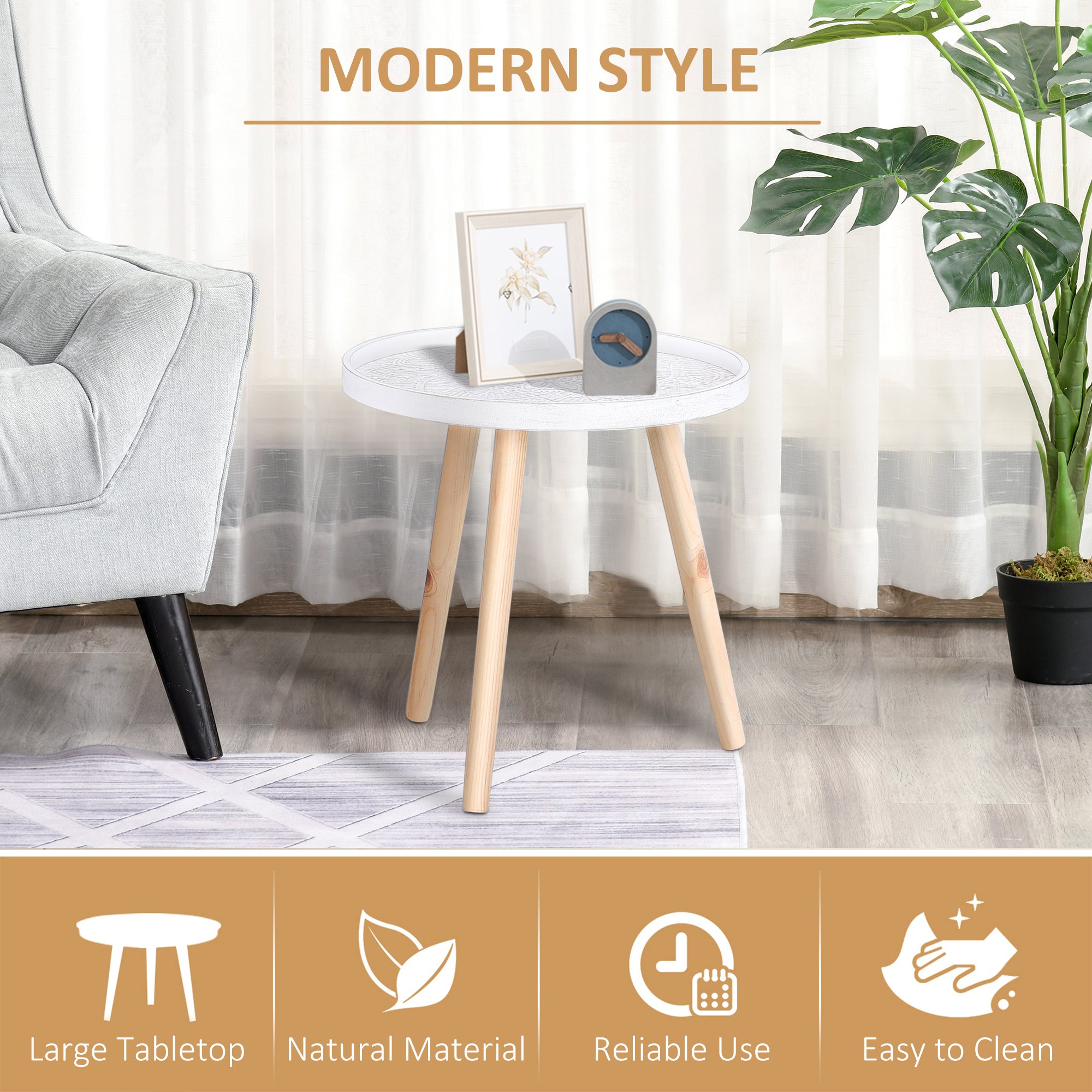 HOMCOM Coffee Table, Carved Floral Round Table with Tray-style Top and Wood Legs, Modern Side Table for Living Room, White