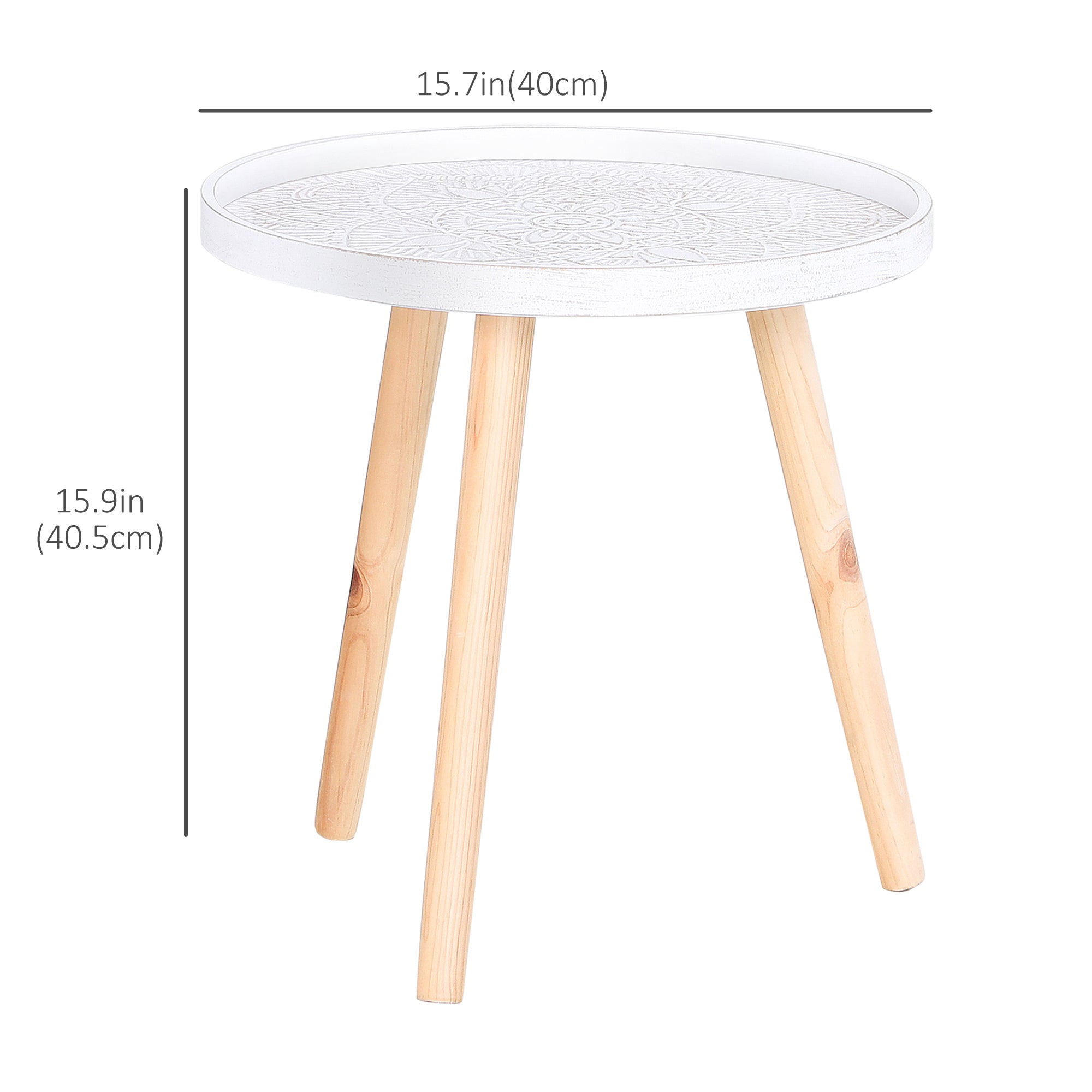 HOMCOM Coffee Table, Carved Floral Round Table with Tray-style Top and Wood Legs, Modern Side Table for Living Room, White