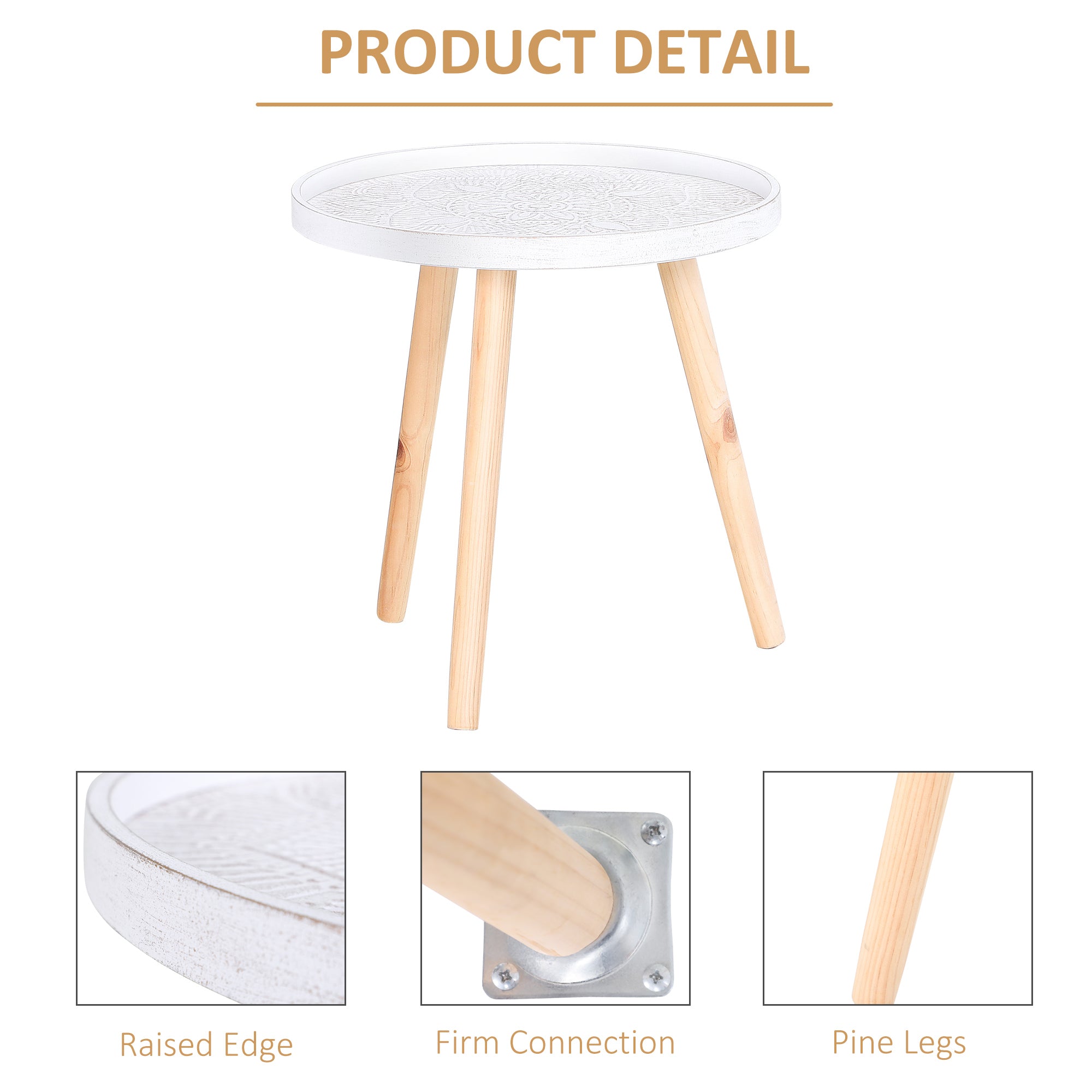 HOMCOM Coffee Table, Carved Floral Round Table with Tray-style Top and Wood Legs, Modern Side Table for Living Room, White