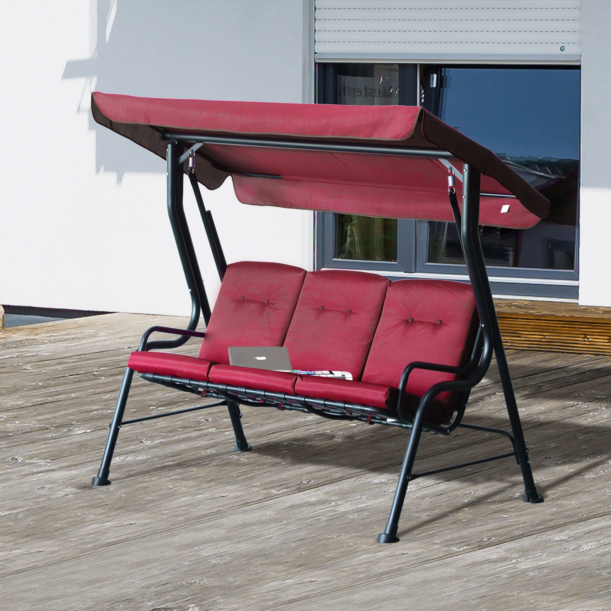 Outsunny 3-Person Porch Swing Patio Swing Chair with Canopy for Patio, Garden, Backyard, Poolside, Wine Red