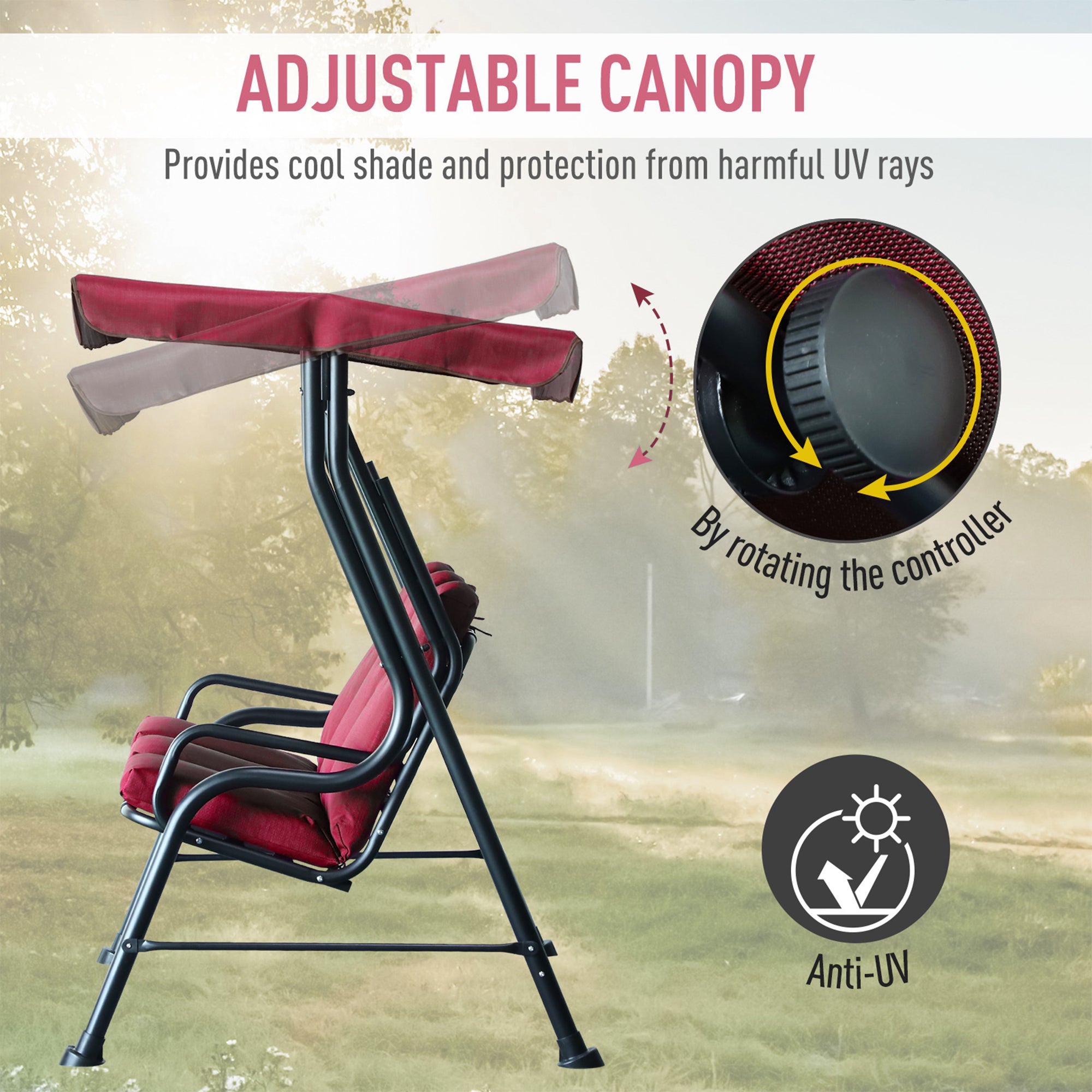 Outsunny 3-Person Porch Swing Patio Swing Chair with Canopy for Patio, Garden, Backyard, Poolside, Wine Red