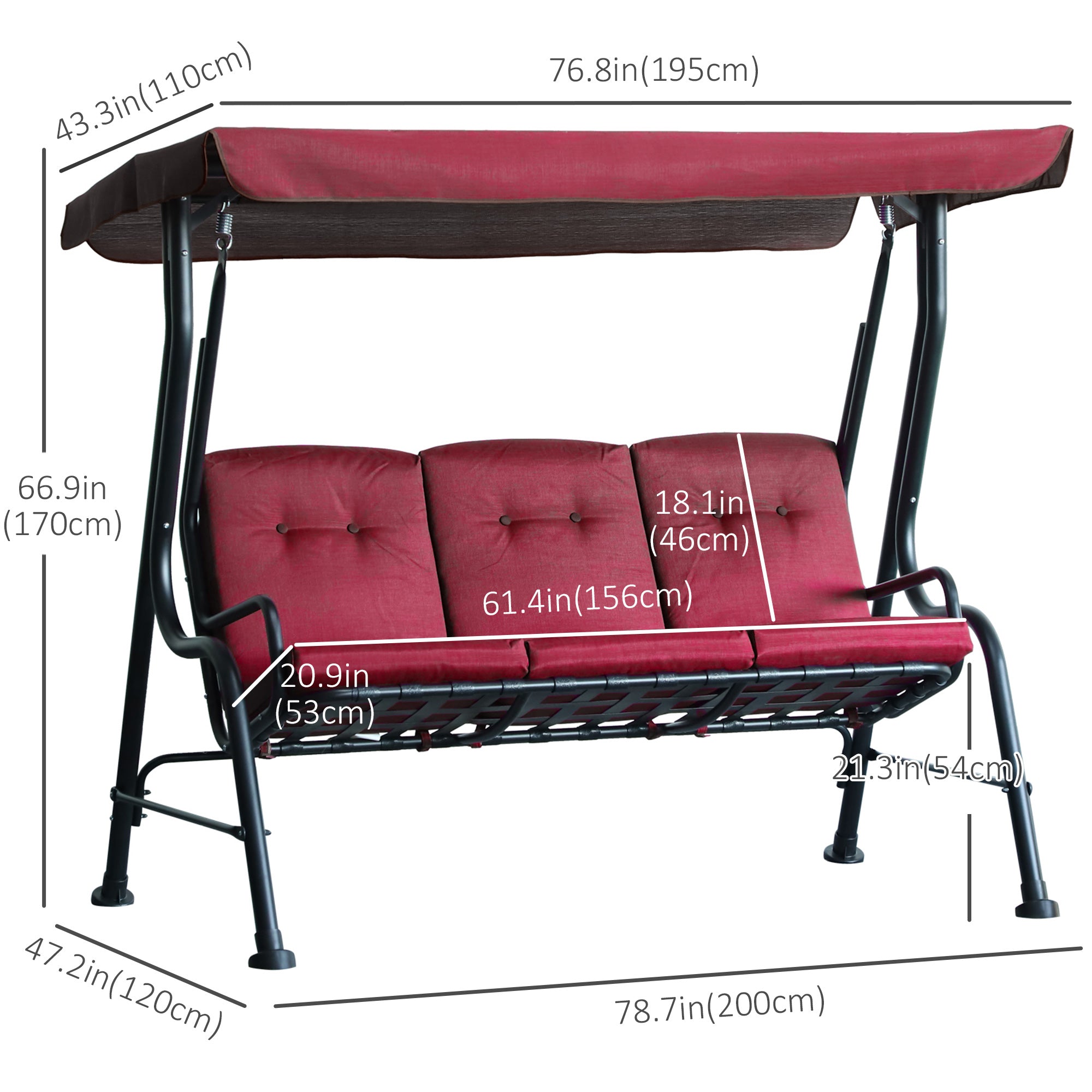 Outsunny 3-Person Porch Swing Patio Swing Chair with Canopy for Patio, Garden, Backyard, Poolside, Wine Red