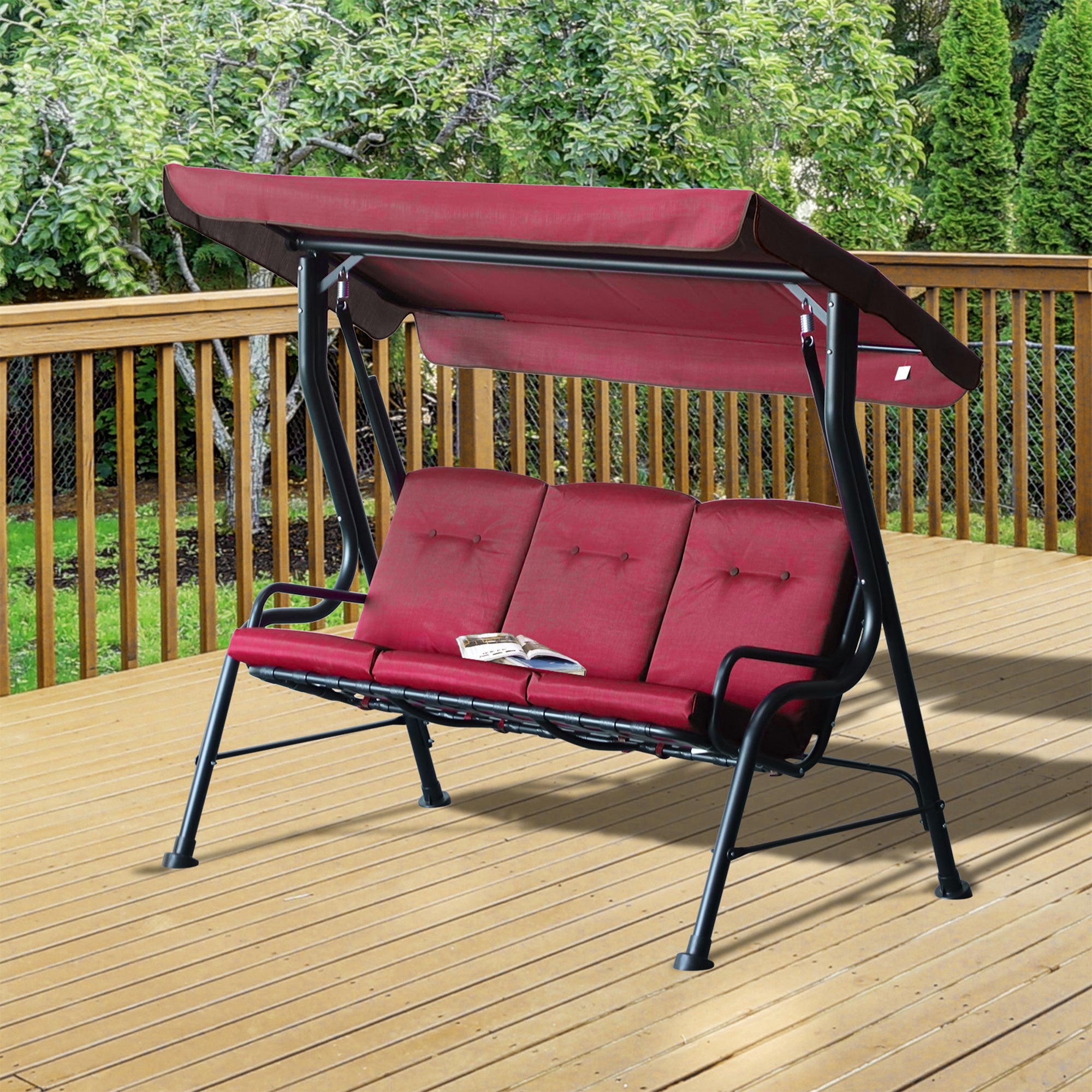 Outsunny 3-Person Porch Swing Patio Swing Chair with Canopy for Patio, Garden, Backyard, Poolside, Wine Red