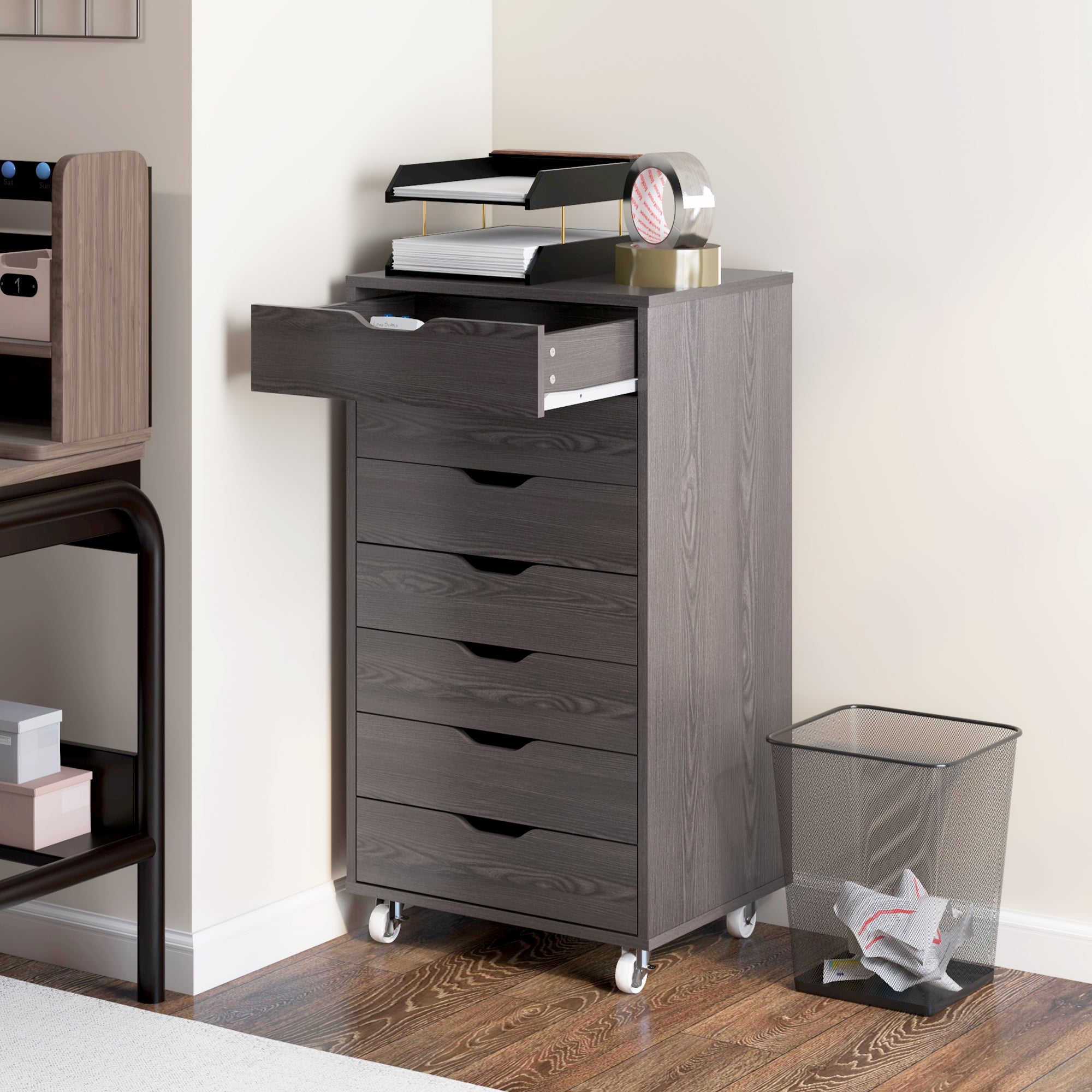 Vinsetto Vertical Filing Cabinet, 7-drawer File Cabinet, Mobile Office Storage Cabinet with Wheels for Home Office, Grey Wood Grain