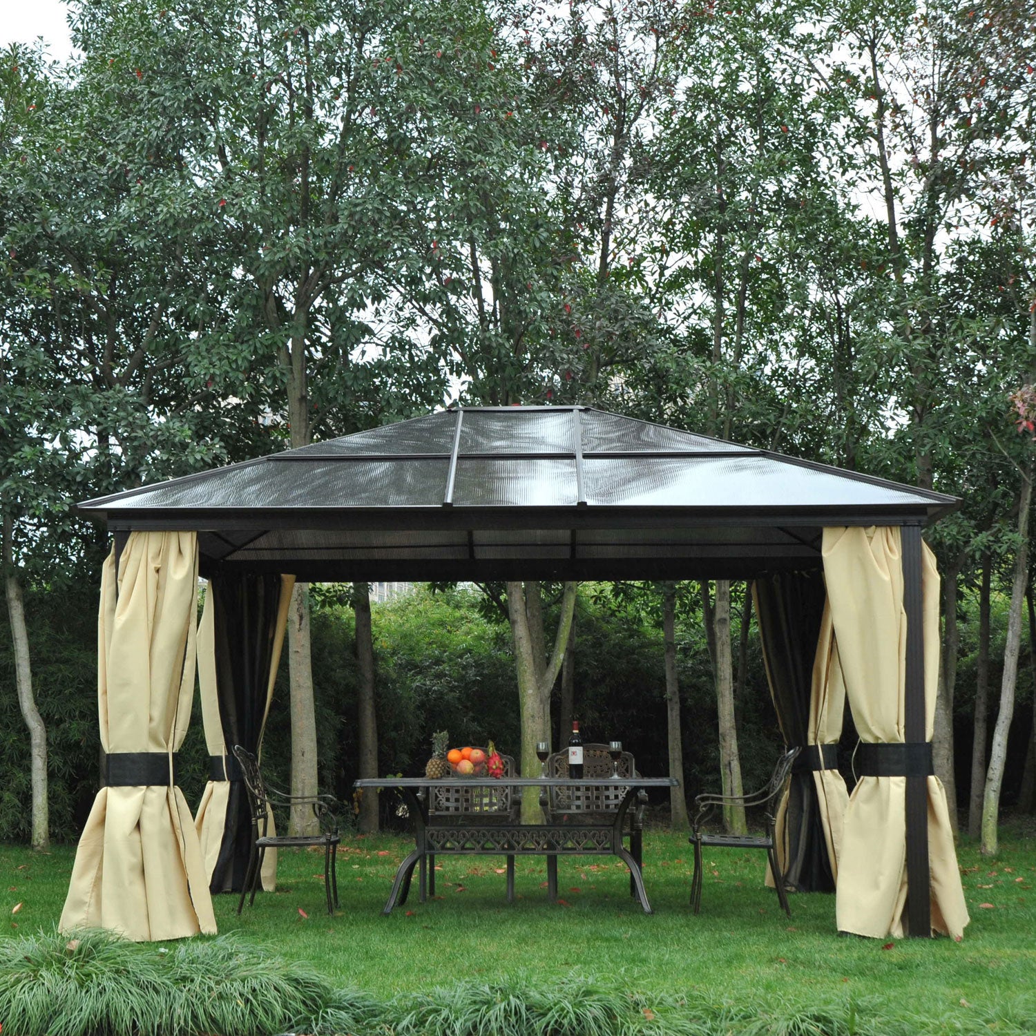 Outsunny 12' x 14' Hardtop Gazebo, Outdoor Gazebo Canopy Sun Shelter Waterproof with Aluminum Frame, Polycarbonate Panels Rooftop, Sidewalls, and Mosquito Netting