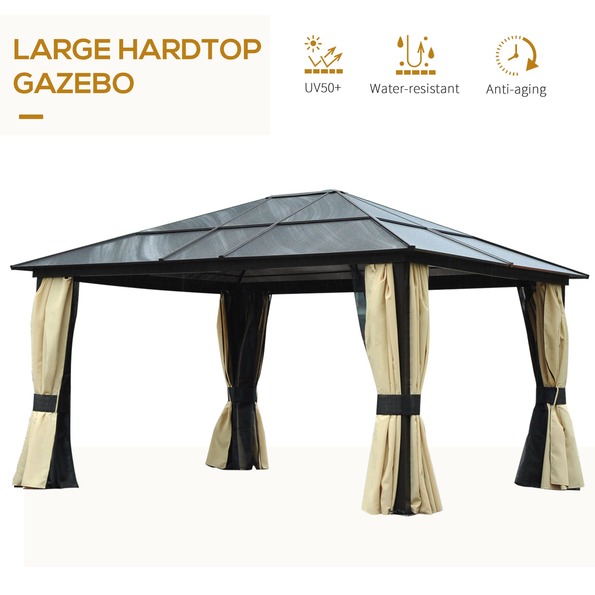 Outsunny 12' x 14' Hardtop Gazebo, Outdoor Gazebo Canopy Sun Shelter Waterproof with Aluminum Frame, Polycarbonate Panels Rooftop, Sidewalls, and Mosquito Netting