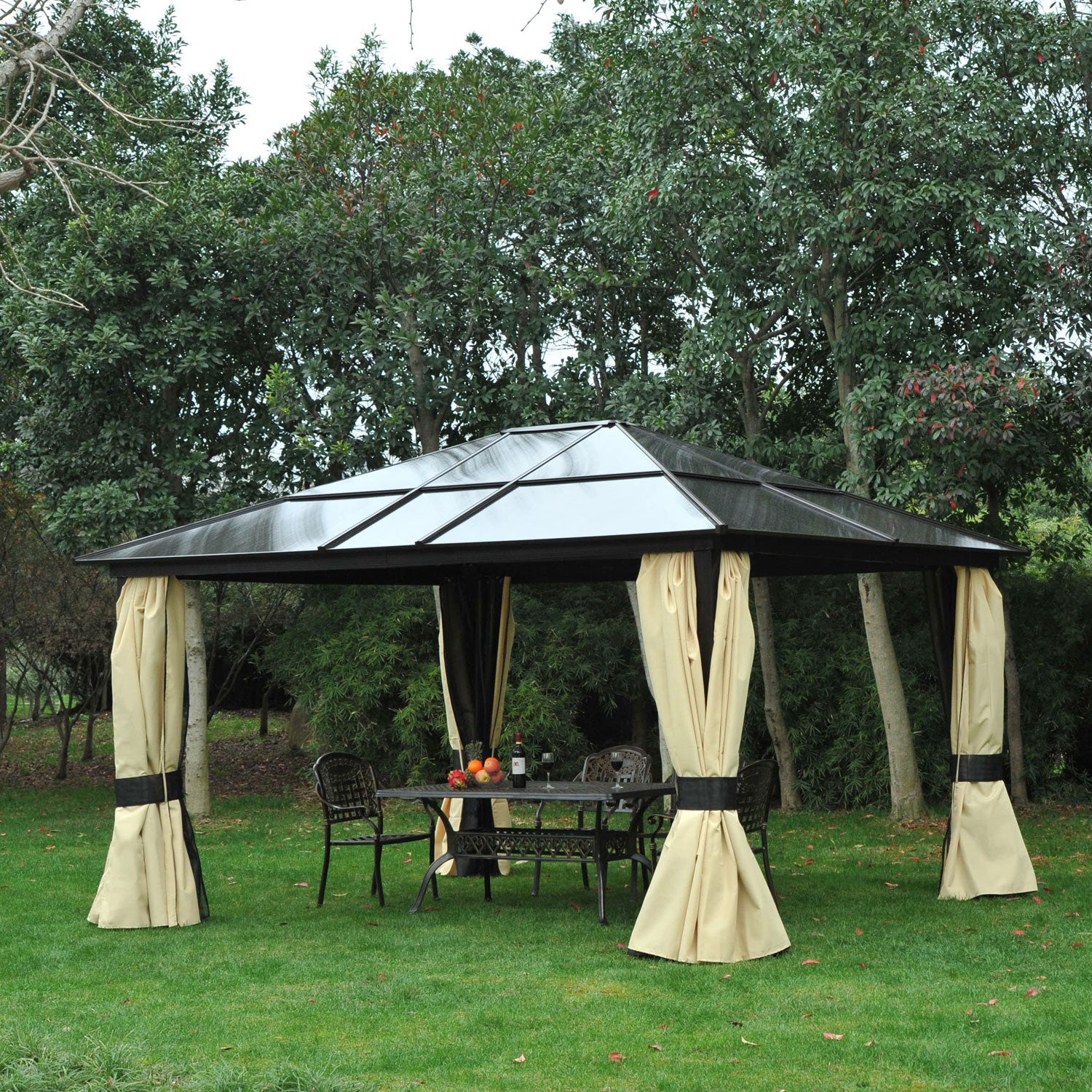 Outsunny 12' x 14' Hardtop Gazebo, Outdoor Gazebo Canopy Sun Shelter Waterproof with Aluminum Frame, Polycarbonate Panels Rooftop, Sidewalls, and Mosquito Netting