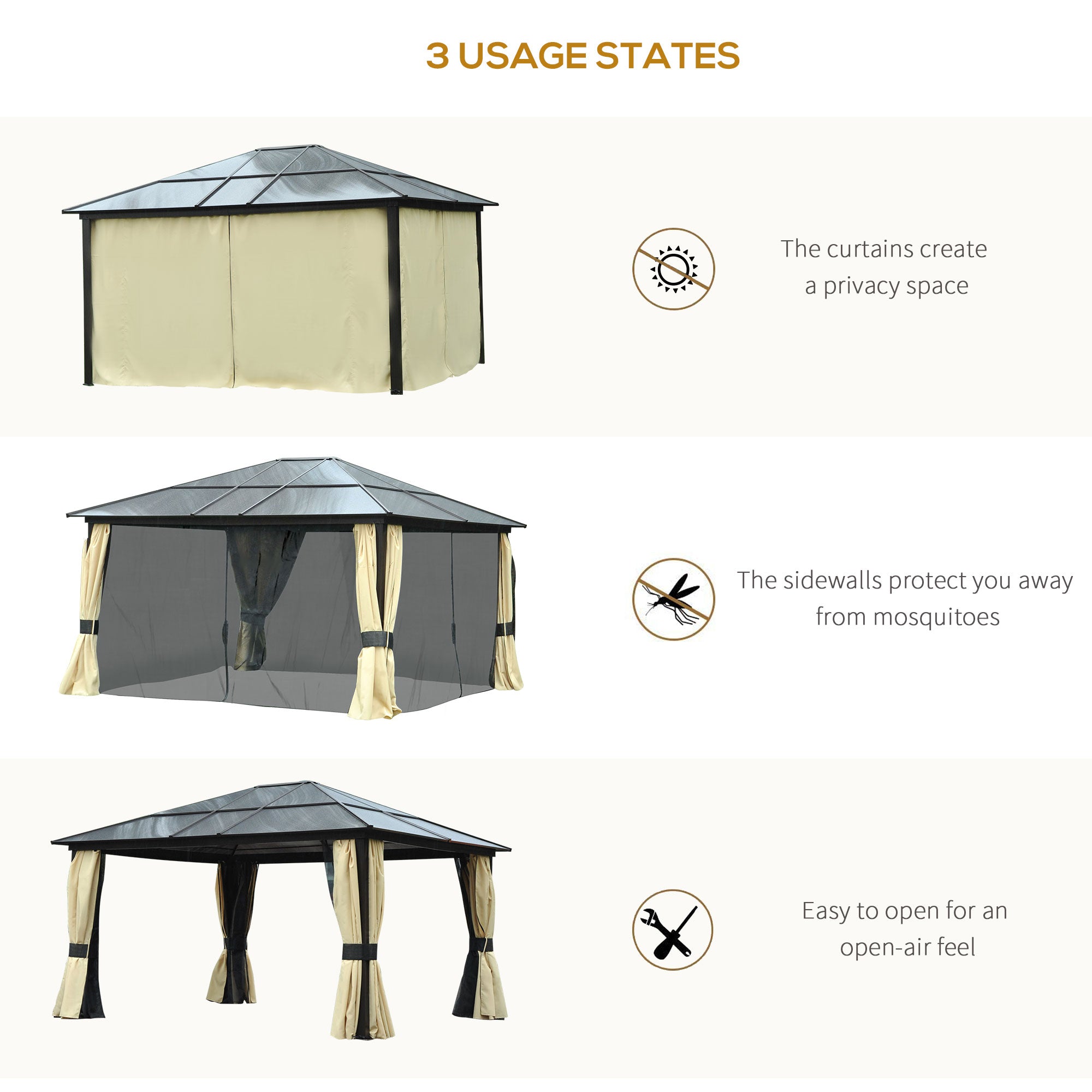 Outsunny 12' x 14' Hardtop Gazebo, Outdoor Gazebo Canopy Sun Shelter Waterproof with Aluminum Frame, Polycarbonate Panels Rooftop, Sidewalls, and Mosquito Netting