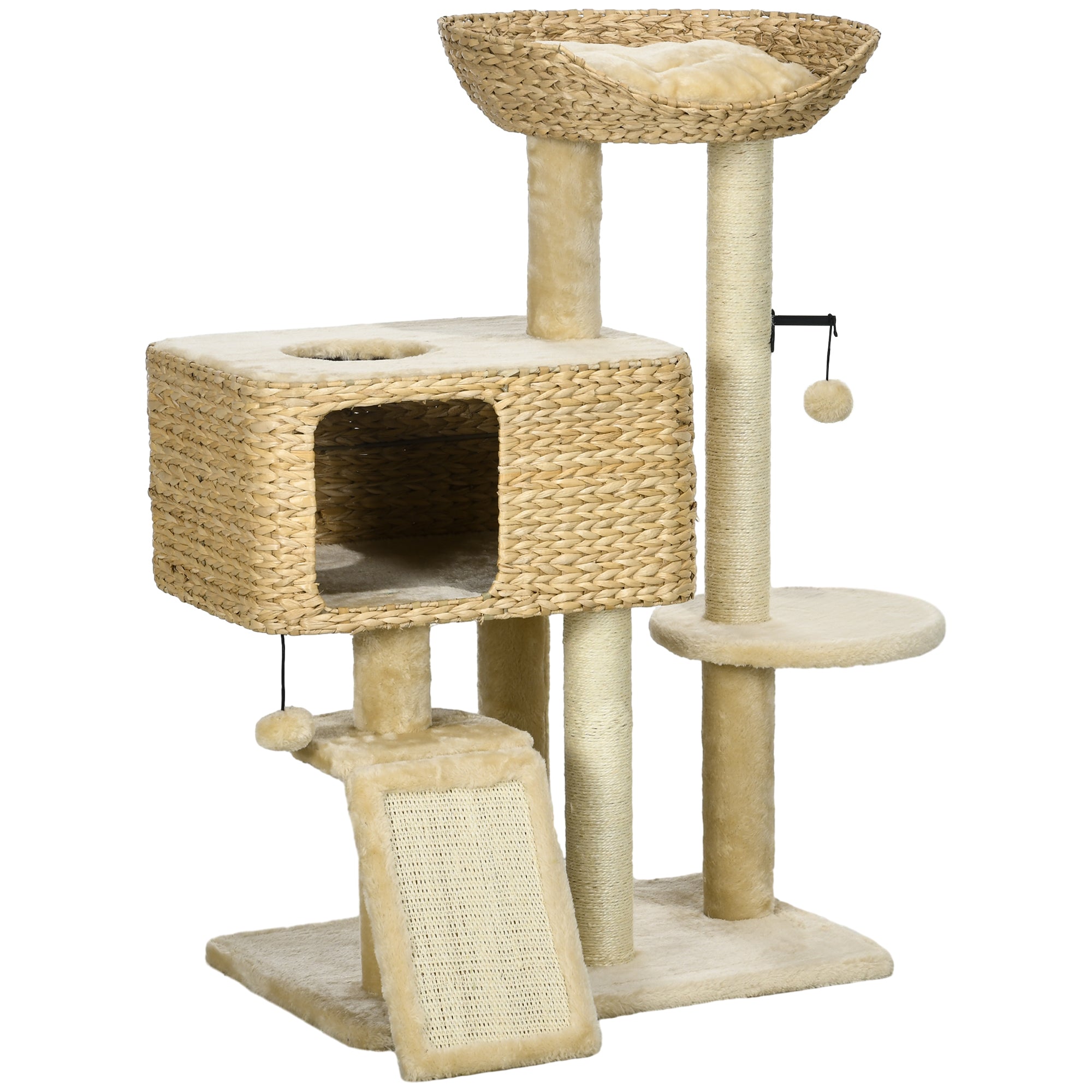 PawHut 95cm Cat Tree for Indoor Cats, Cat Tower with Scratching Posts, Ramp, Condo, Toy Balls, Platform, Bed, Ramp - Beige