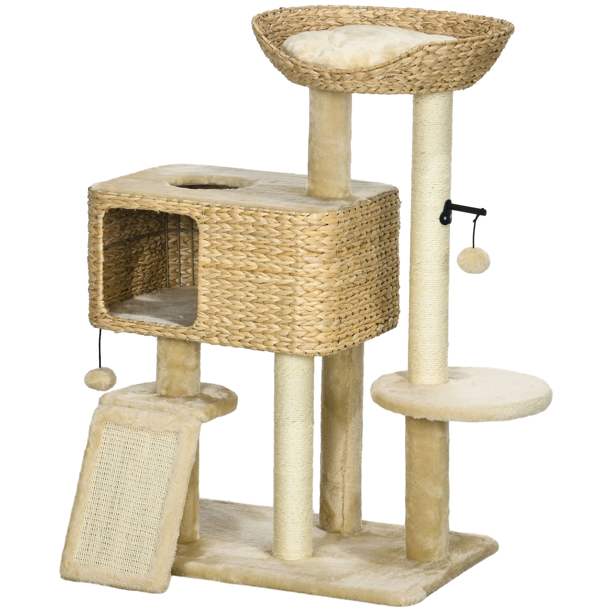 PawHut 95cm Cat Tree for Indoor Cats, Cat Tower with Scratching Posts, Ramp, Condo, Toy Balls, Platform, Bed, Ramp - Beige