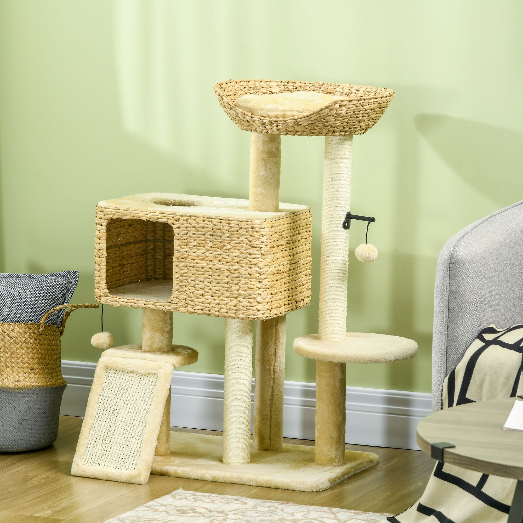 PawHut 95cm Cat Tree for Indoor Cats, Cat Tower with Scratching Posts, Ramp, Condo, Toy Balls, Platform, Bed, Ramp - Beige
