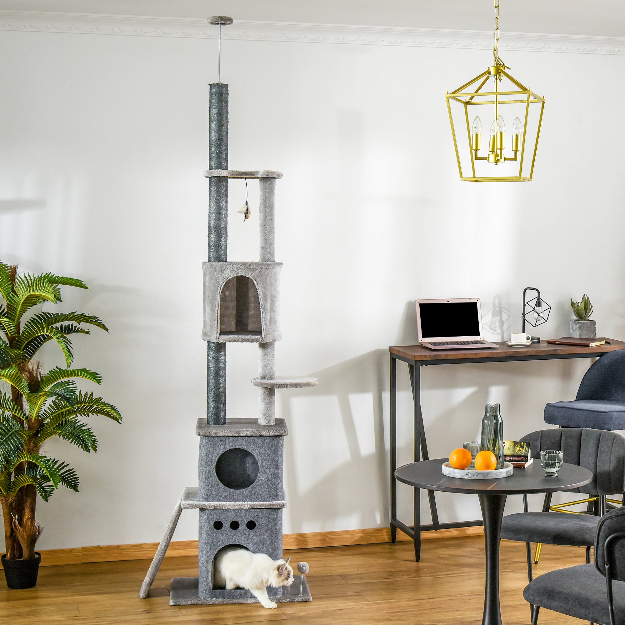 PawHut 89"-100" Floor to Ceiling Cat Tree 6-Tier Cat Climbing Tower Adjustable High with Scratching Post Board, Ramp, Cat Condo, Perch, Toy Ball, for Indoor Cat, Light Grey