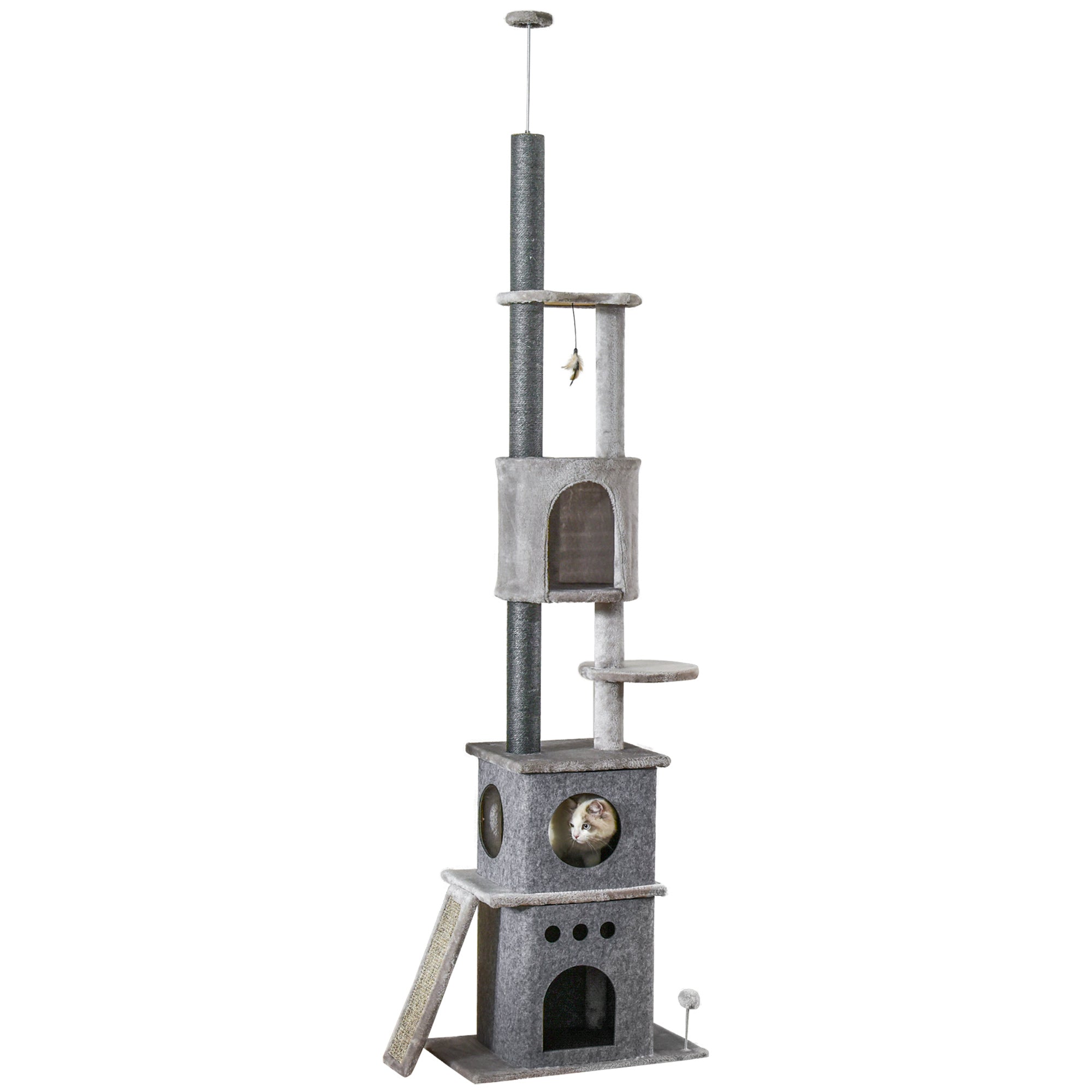 PawHut 89"-100" Floor to Ceiling Cat Tree 6-Tier Cat Climbing Tower Adjustable High with Scratching Post Board, Ramp, Cat Condo, Perch, Toy Ball, for Indoor Cat, Light Grey