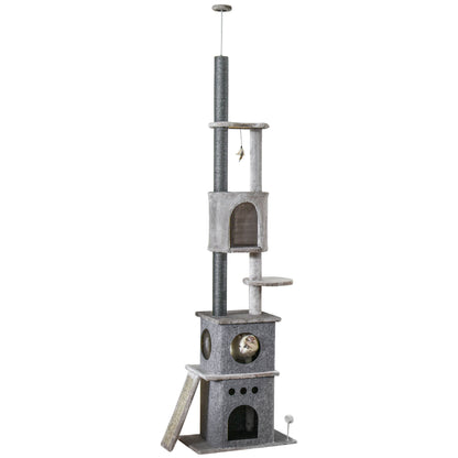 PawHut 89"-100" Floor to Ceiling Cat Tree 6-Tier Cat Climbing Tower Adjustable High with Scratching Post Board, Ramp, Cat Condo, Perch, Toy Ball, for Indoor Cat, Light Grey
