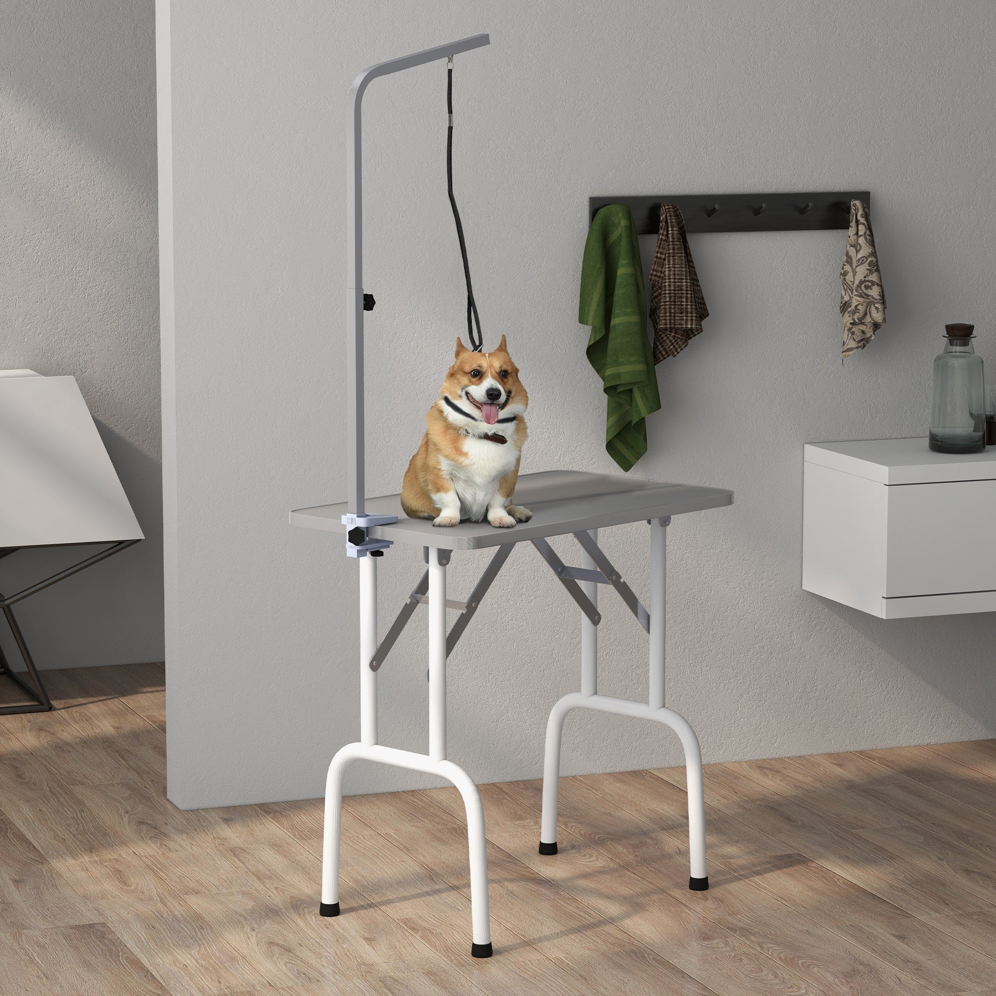 PawHut 32in Foldable Dog Grooming Table for Small Dogs, Pet Grooming Table for Dogs Cats with Adjustable Arm, Non-Slip Surface, Grey