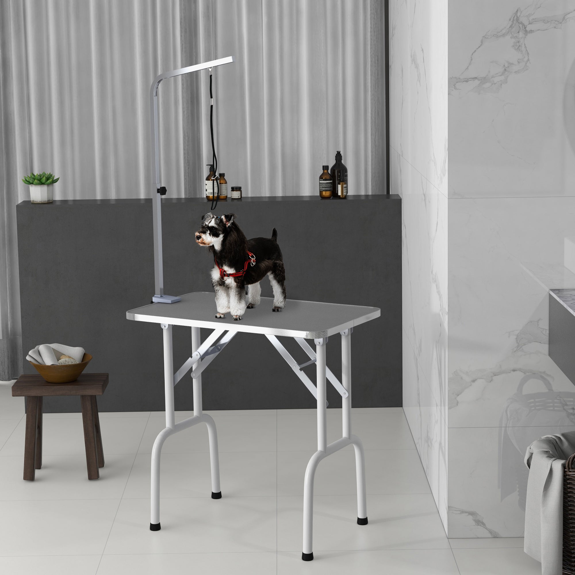 PawHut 32in Foldable Dog Grooming Table for Small Dogs, Pet Grooming Table for Dogs Cats with Adjustable Arm, Non-Slip Surface, Grey