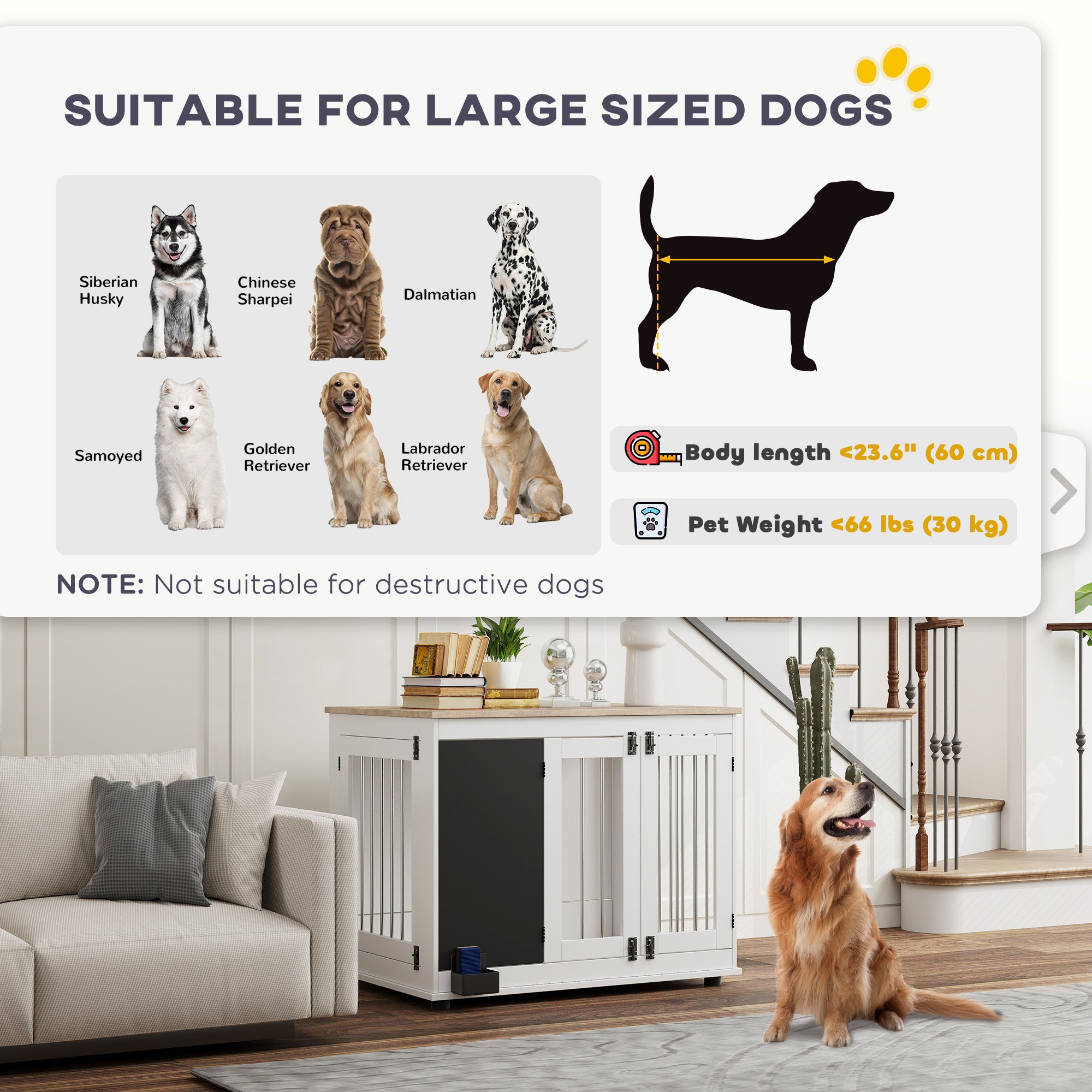 PawHut 39in Dog Crate Furniture, Dog Cage End Table with Three Doors, Blackboard, Non-slip Foot Pads, Dog Cage for Middle and Large Dogs, White