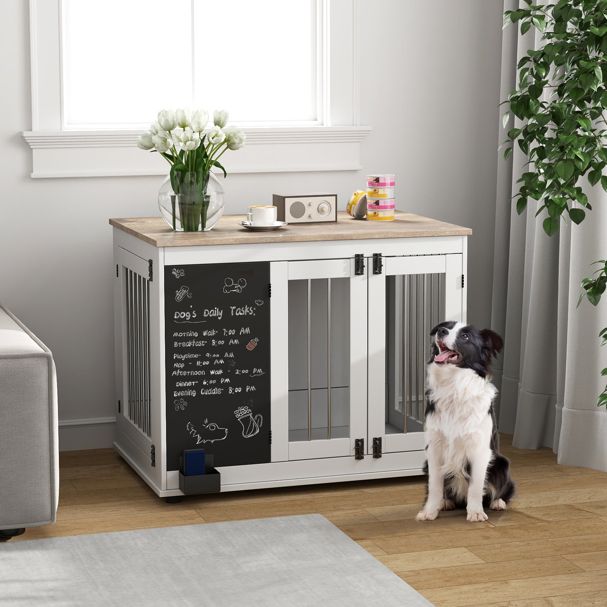 PawHut 39in Dog Crate Furniture, Dog Cage End Table with Three Doors, Blackboard, Non-slip Foot Pads, Dog Cage for Middle and Large Dogs, White