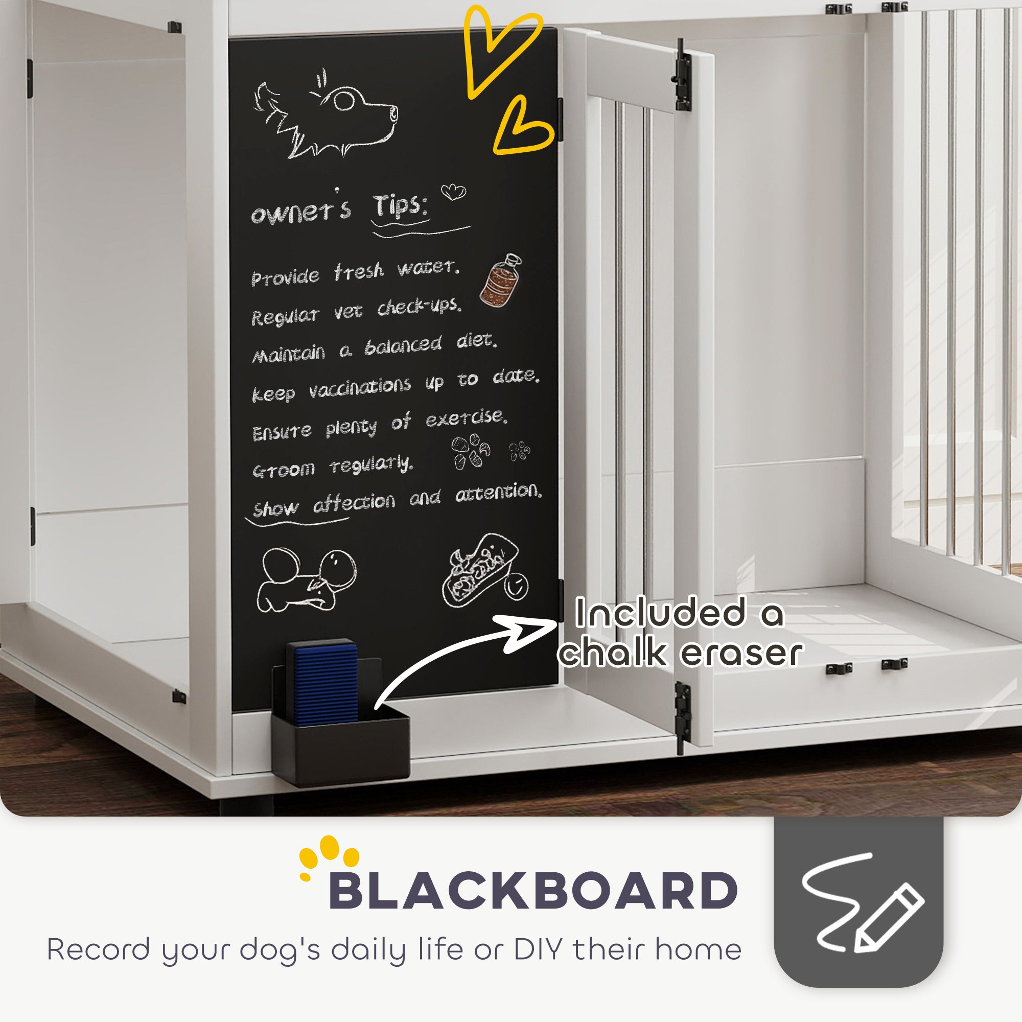 PawHut 39in Dog Crate Furniture, Dog Cage End Table with Three Doors, Blackboard, Non-slip Foot Pads, Dog Cage for Middle and Large Dogs, White