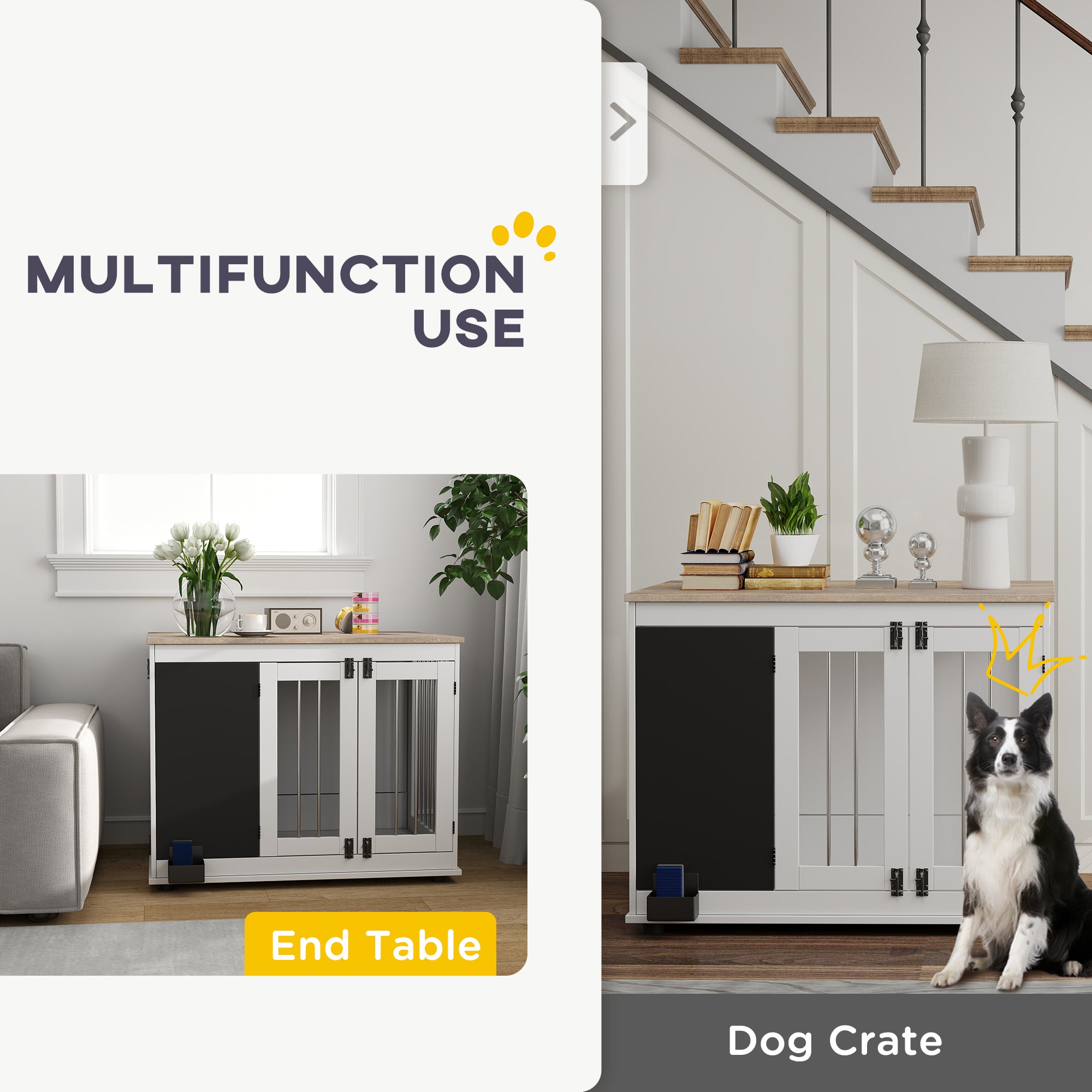 PawHut 39in Dog Crate Furniture, Dog Cage End Table with Three Doors, Blackboard, Non-slip Foot Pads, Dog Cage for Middle and Large Dogs, White