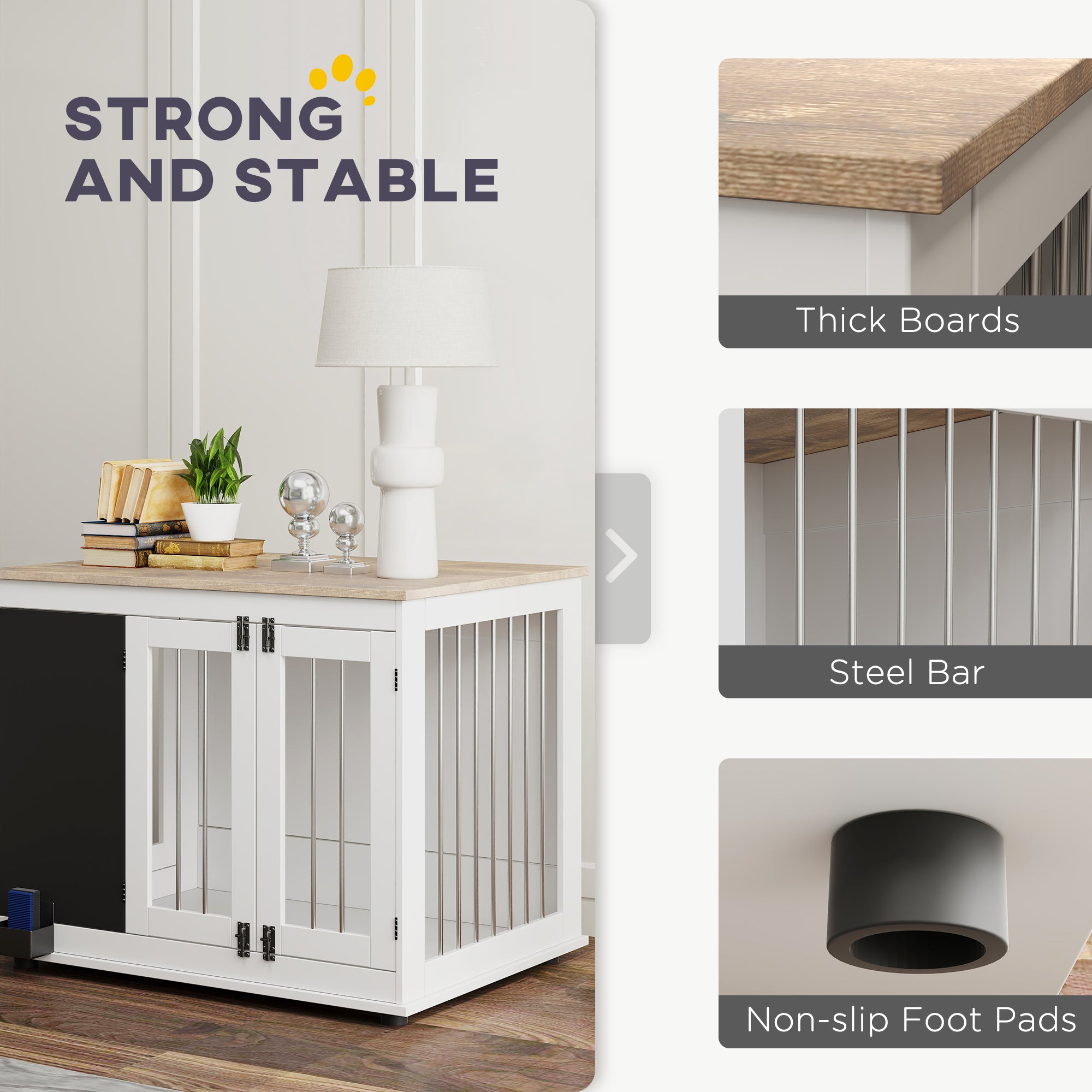 PawHut 39in Dog Crate Furniture, Dog Cage End Table with Three Doors, Blackboard, Non-slip Foot Pads, Dog Cage for Middle and Large Dogs, White