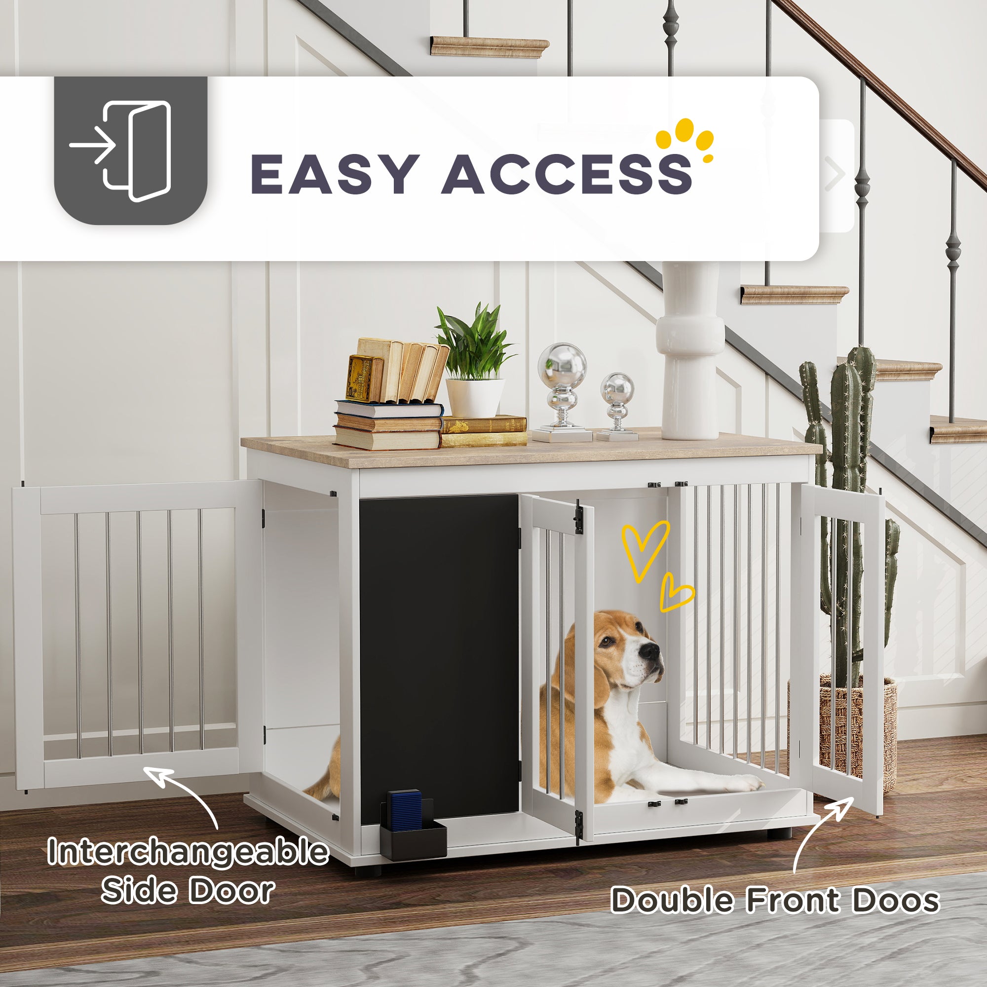 PawHut 39in Dog Crate Furniture, Dog Cage End Table with Three Doors, Blackboard, Non-slip Foot Pads, Dog Cage for Middle and Large Dogs, White