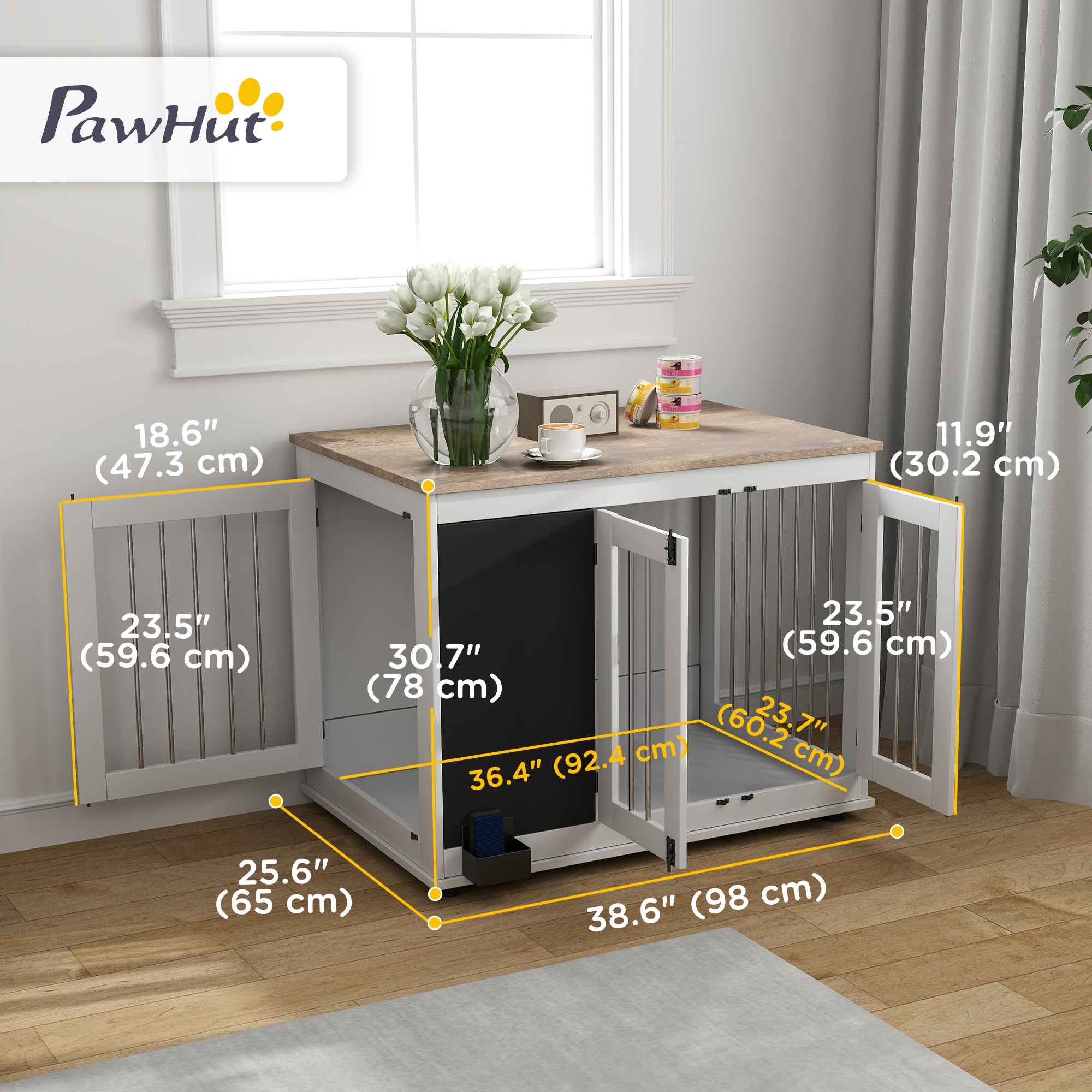 PawHut 39in Dog Crate Furniture, Dog Cage End Table with Three Doors, Blackboard, Non-slip Foot Pads, Dog Cage for Middle and Large Dogs, White