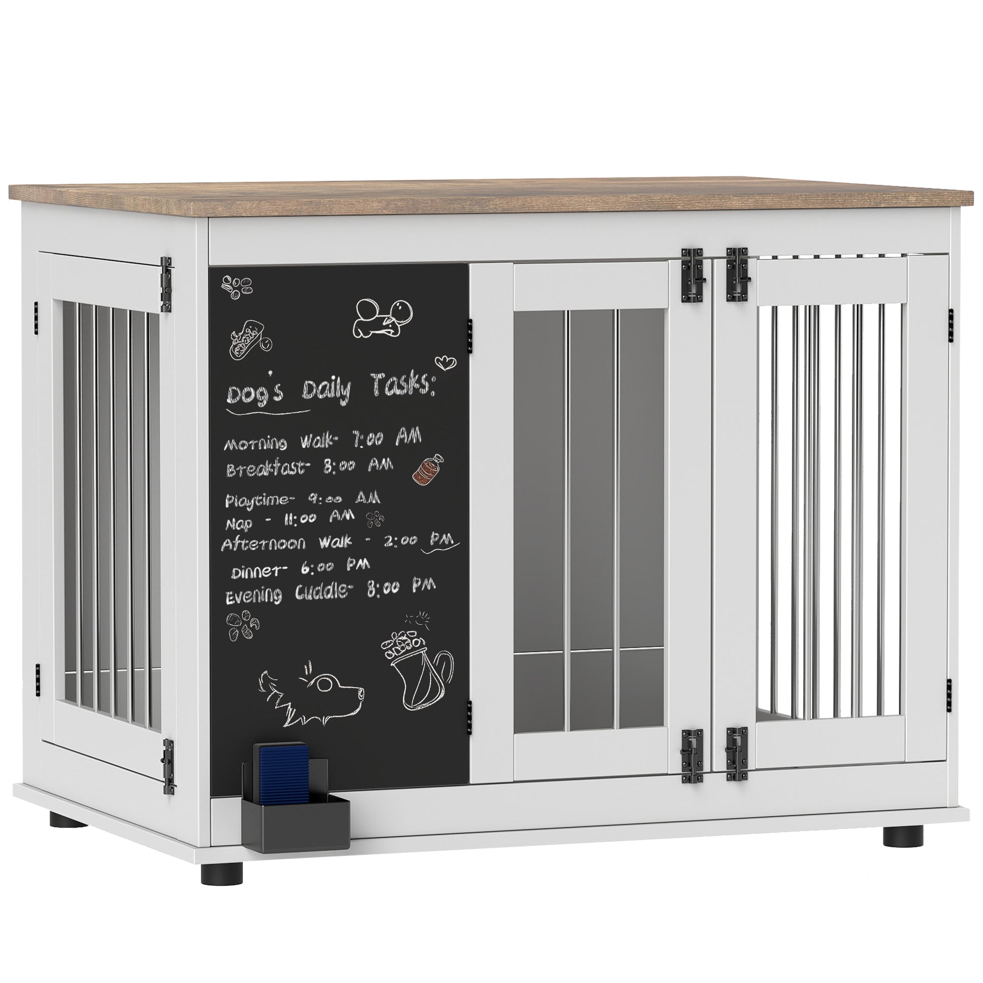 PawHut 39in Dog Crate Furniture, Dog Cage End Table with Three Doors, Blackboard, Non-slip Foot Pads, Dog Cage for Middle and Large Dogs, White