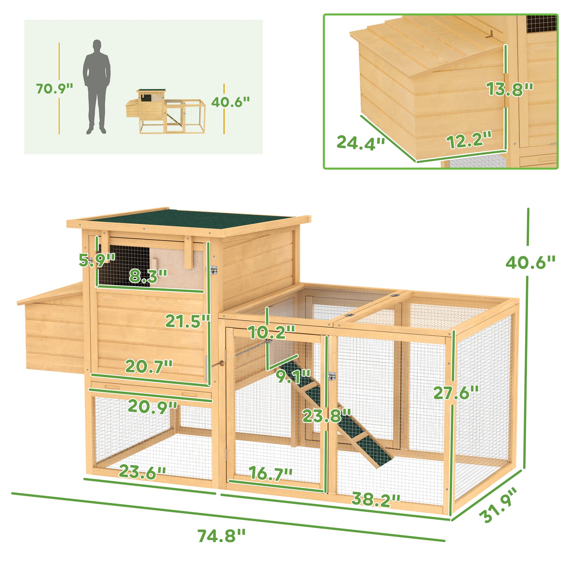PawHut 75" Wooden Chicken Coop with Nesting Box, Outdoor Hen House with Removable Tray, Ramp, Run, Poultry Cage for Garden Backyard, Natural Wood