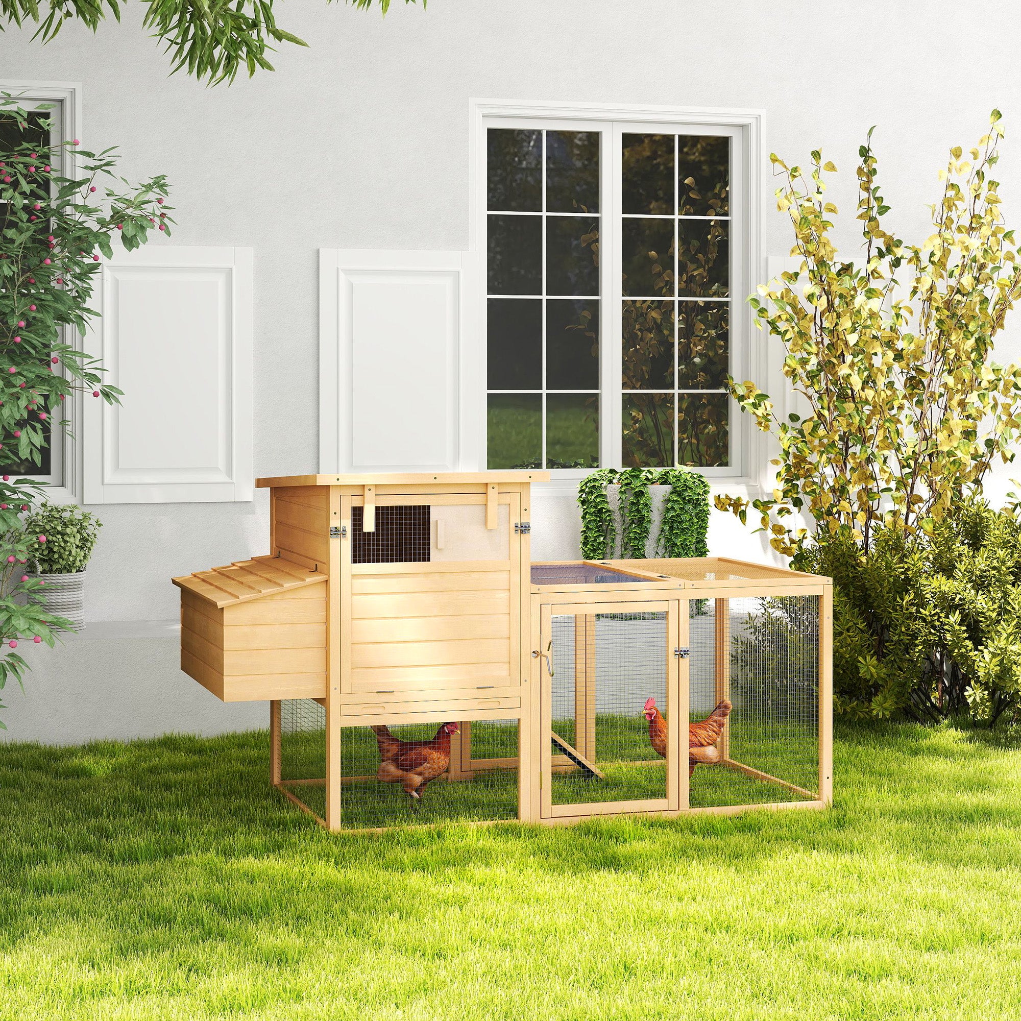 PawHut 75" Wooden Chicken Coop with Nesting Box, Outdoor Hen House with Removable Tray, Ramp, Run, Poultry Cage for Garden Backyard, Natural Wood