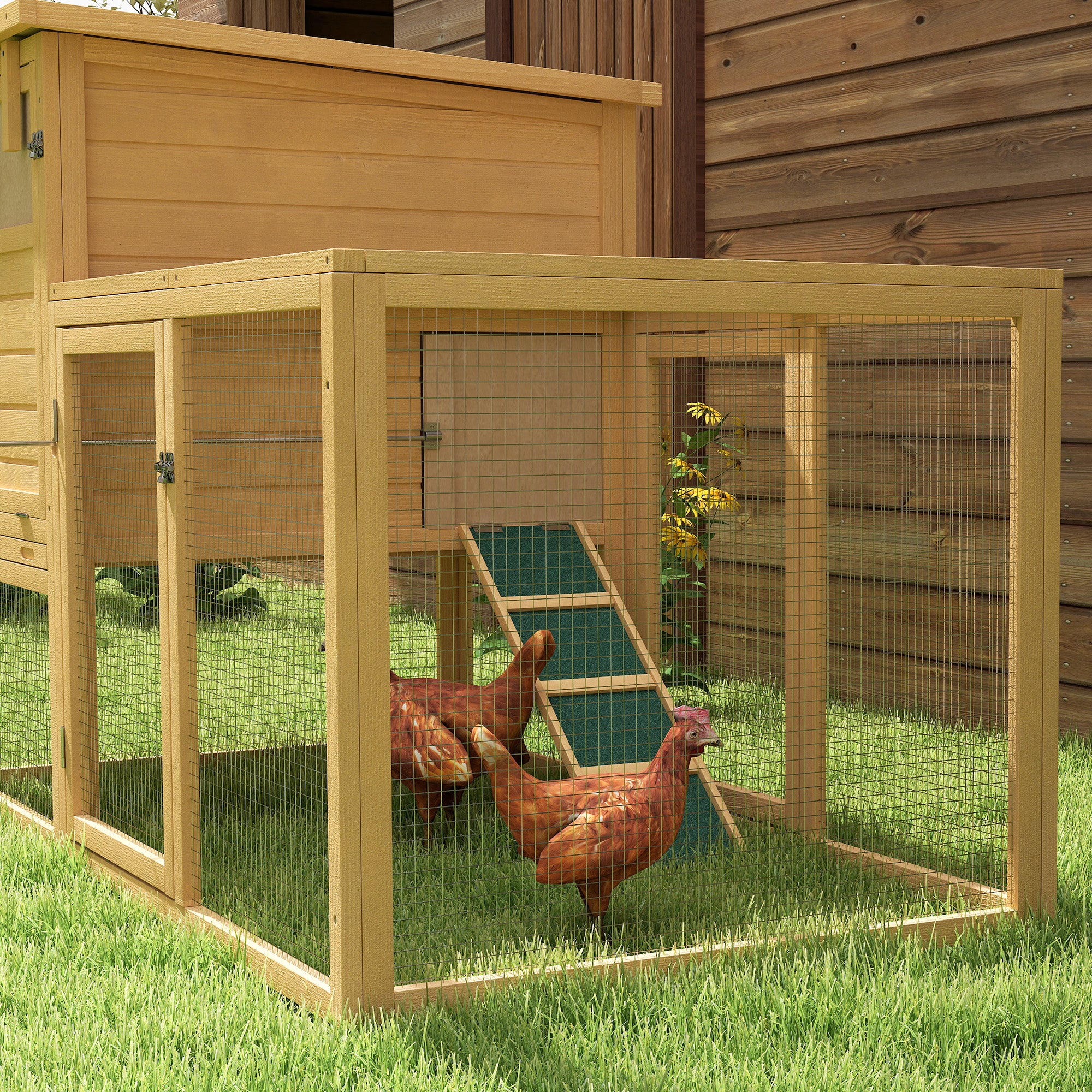 PawHut 75" Wooden Chicken Coop with Nesting Box, Outdoor Hen House with Removable Tray, Ramp, Run, Poultry Cage for Garden Backyard, Natural Wood