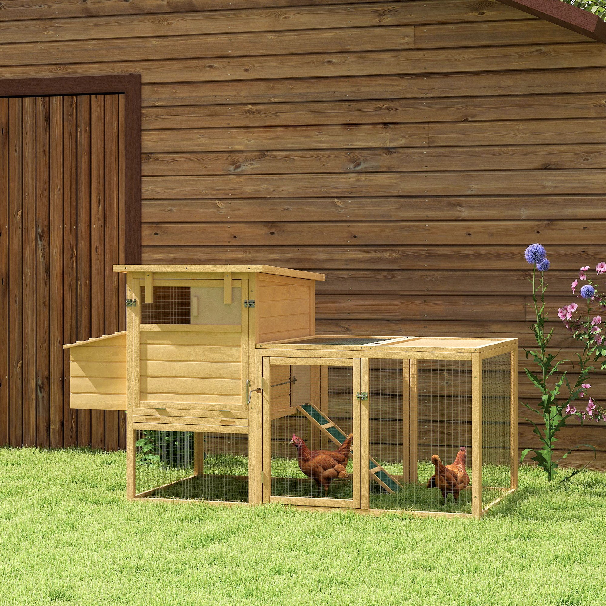 PawHut 75" Wooden Chicken Coop with Nesting Box, Outdoor Hen House with Removable Tray, Ramp, Run, Poultry Cage for Garden Backyard, Natural Wood