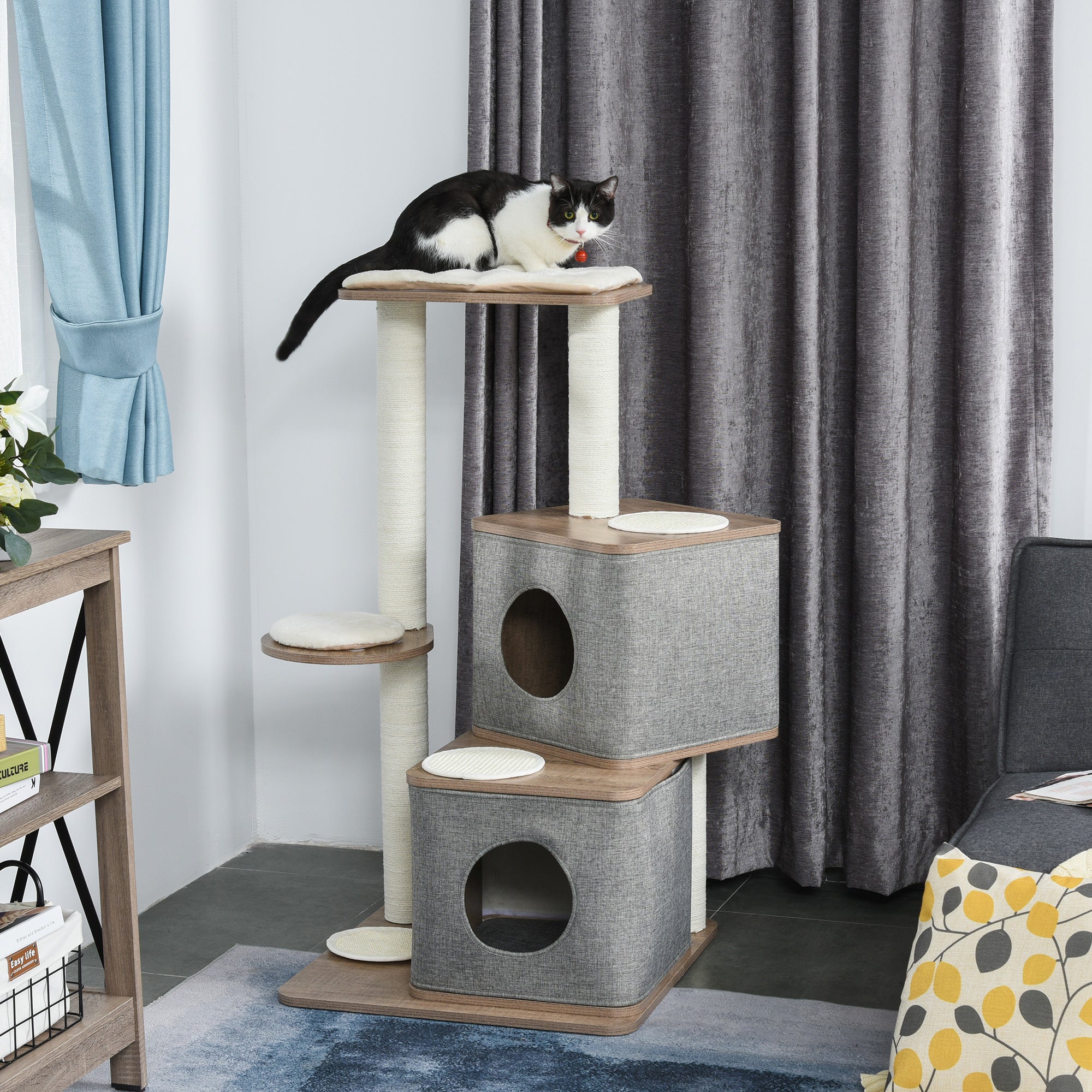PawHut 112cm Wooden Cat Tree for Indoor Cats Condo Tower Activity Center Climbing Frame Kitten House Sisal Carpet Scratching Posts w/ Removable Cover
