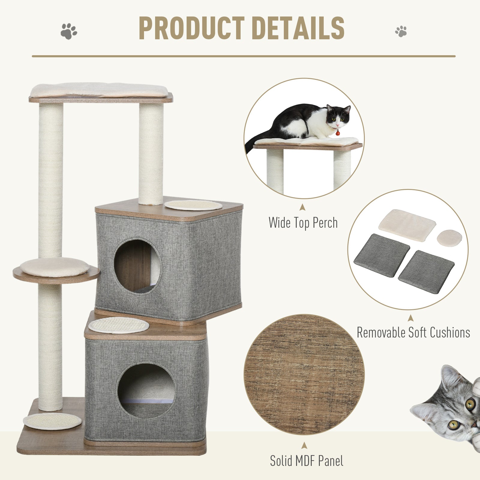 PawHut 112cm Wooden Cat Tree for Indoor Cats Condo Tower Activity Center Climbing Frame Kitten House Sisal Carpet Scratching Posts w/ Removable Cover