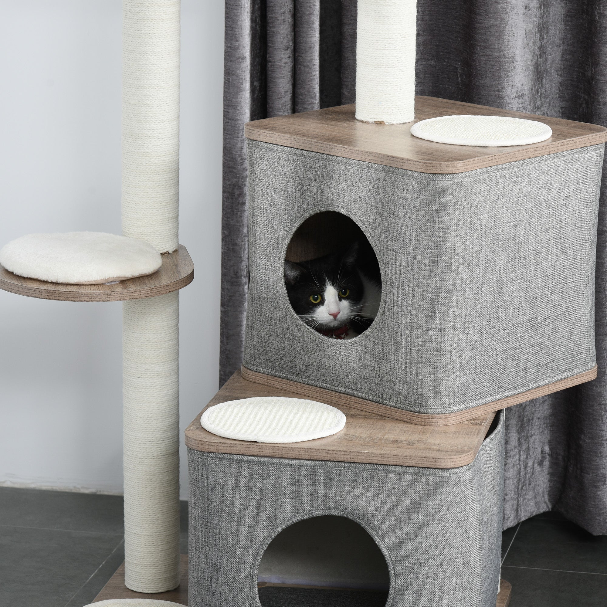 PawHut 112cm Wooden Cat Tree for Indoor Cats Condo Tower Activity Center Climbing Frame Kitten House Sisal Carpet Scratching Posts w/ Removable Cover