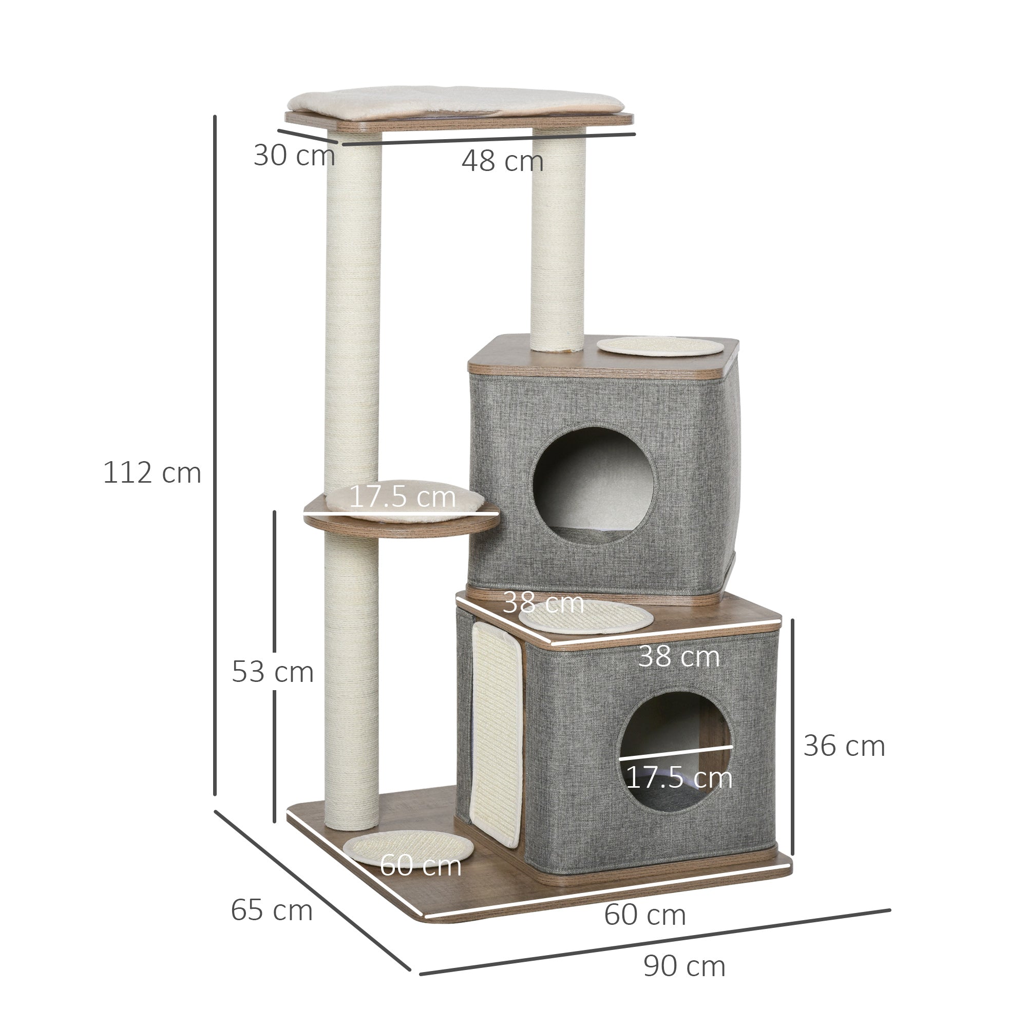 PawHut 112cm Wooden Cat Tree for Indoor Cats Condo Tower Activity Center Climbing Frame Kitten House Sisal Carpet Scratching Posts w/ Removable Cover