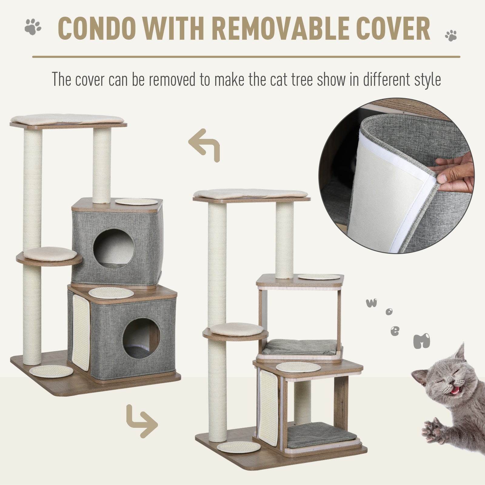 PawHut 112cm Wooden Cat Tree for Indoor Cats Condo Tower Activity Center Climbing Frame Kitten House Sisal Carpet Scratching Posts w/ Removable Cover