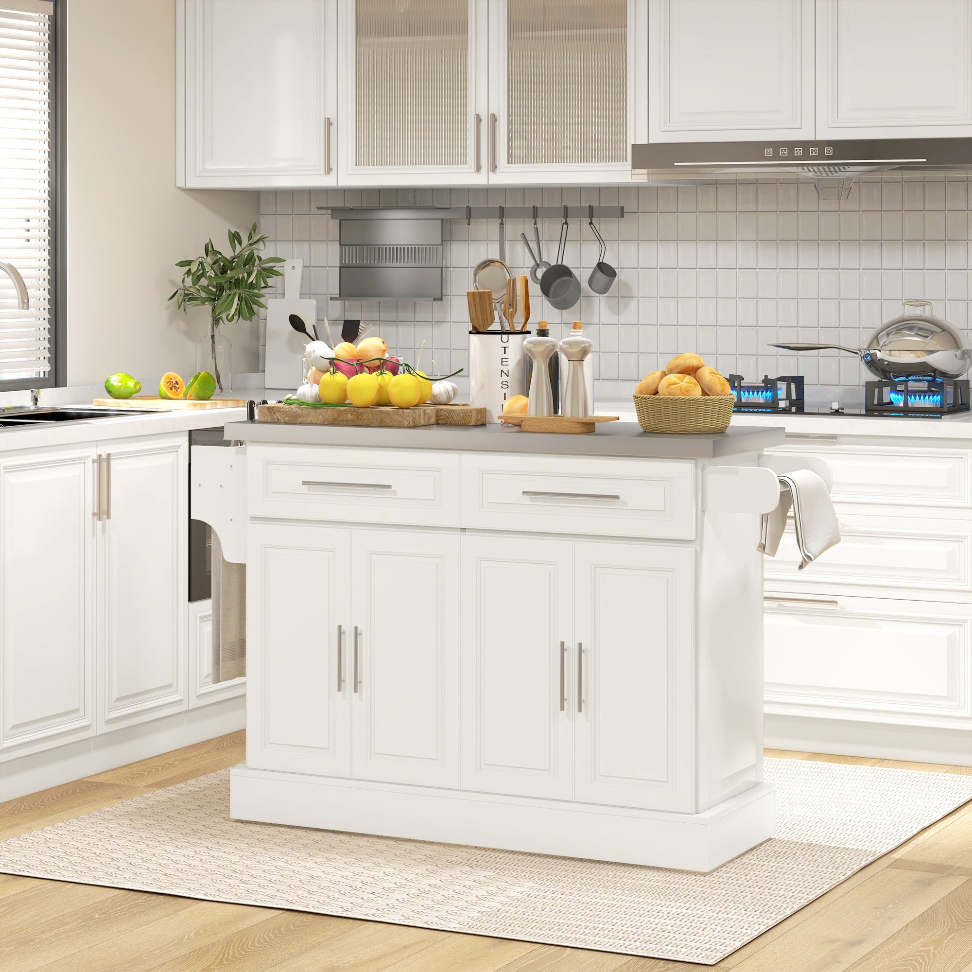 HOMCOM Kitchen Island with Storage, Rolling Kitchen Cart on Wheels with Stainless Steel Top, 2 Drawers, 2 Cabinets, Spice Rack, Knife and Towel Rack, Cream White